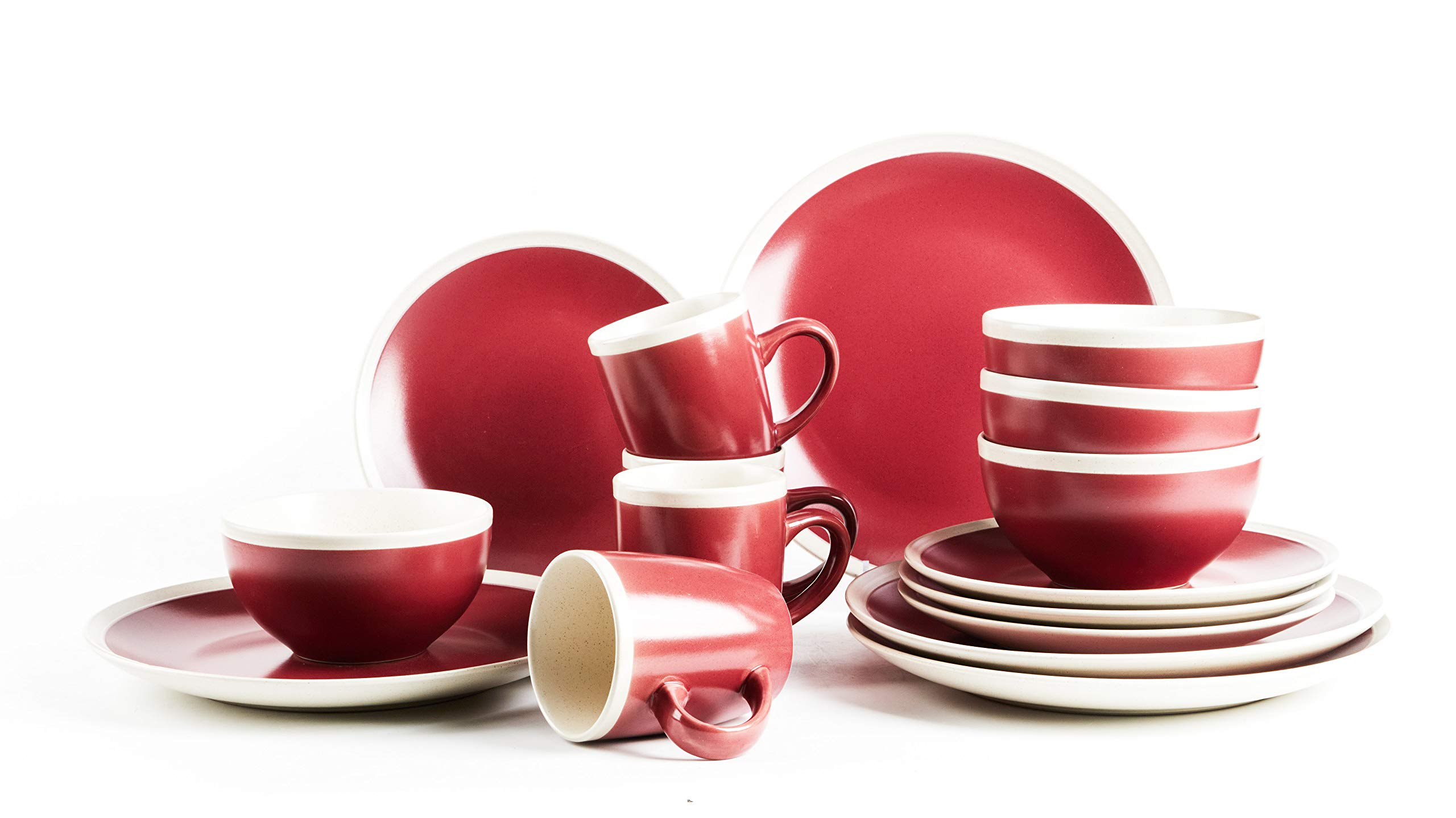 Rock Ridge Speckled Stoneware Dinnerware Set - 16 Piece Dinner Plates, Bowls & Mugs in Garnet & Ivory - Elegant Stoneware for Everyday Dining, Entertaining & Holiday Meals