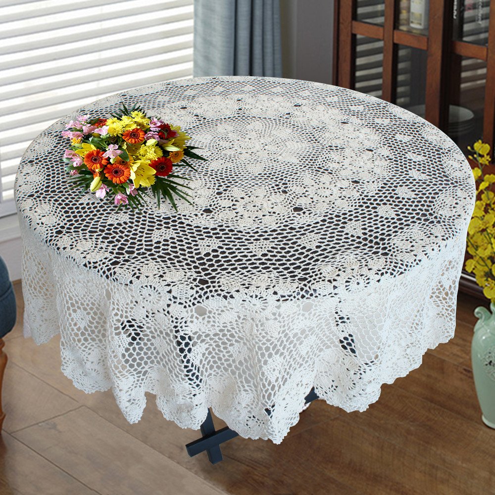 USTIDE Handmade Cotton Crochet Tablecloth Round White 48-inch Lace Table Cover - Elegant Crochet Overlay for Dining Table, Coffee Table, Sofa, Tea Table & Dresser | Perfect for Home Decor, Wedding & Special Occasions