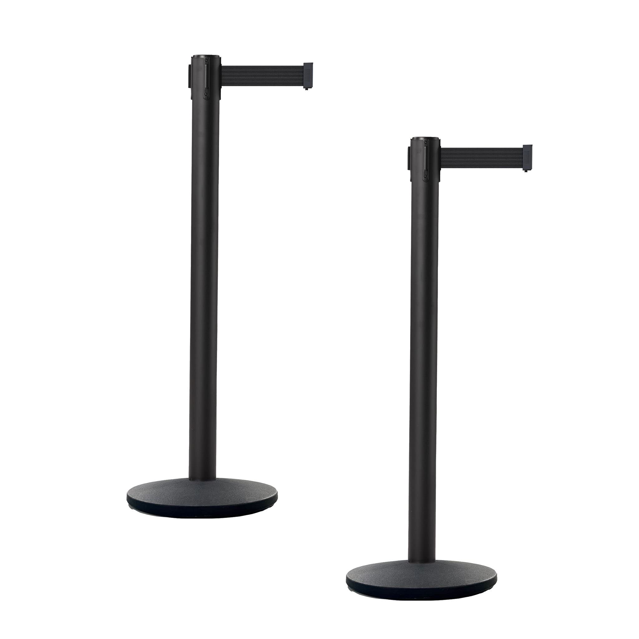 CCW Set of 2 Retractable Belt Barrier Stanchions with Cast Iron Base & Black Powder Coated Steel Post - 11 Foot Black Belt (IRBB-100) - Perfect for Crowd Control in Events, Retail Stores, and Public Spaces