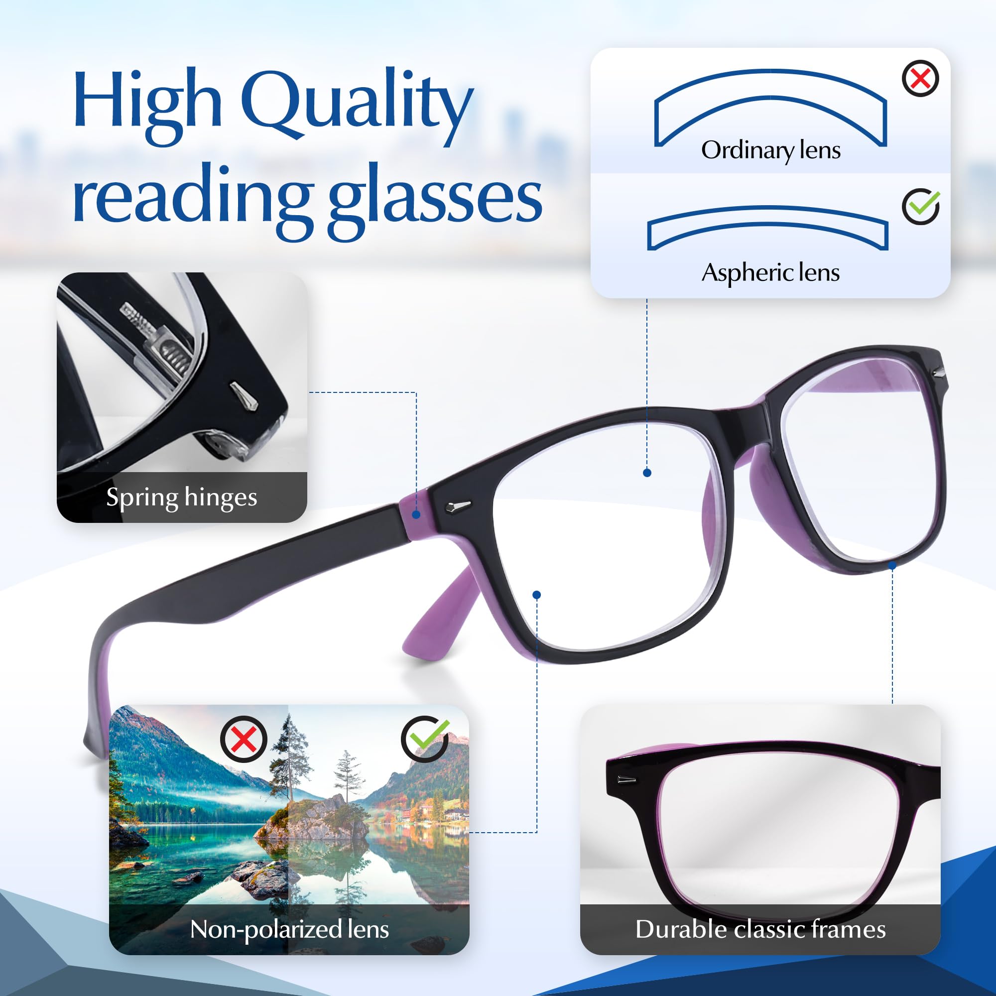 Super Strong High Magnification Reading Glasses for Women & Men - Non-Polarized Lens - Perfect for Reading Books, Crafts & Close Work