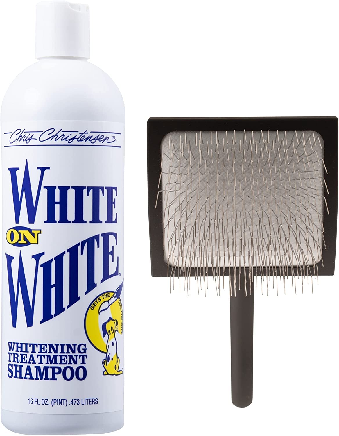 Chris Christensen White on White Treatment Shampoo & Big K Slicker Brush Bundle - Professional Dog Grooming Kit for Doodles, Poodles & Long-Haired Breeds | Made in USA | Perfect for Home & Salon Use