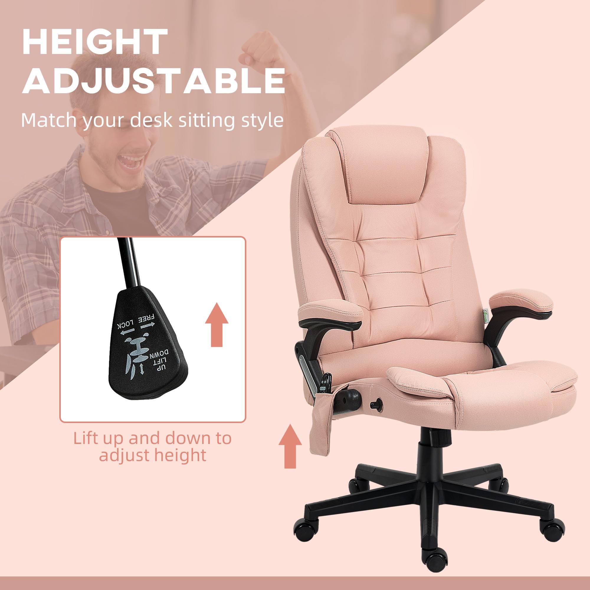 HOMCOM 6-Point Vibrating Massage Office Chair with Heating - High Back Executive Chair with Reclining Function, Padded Armrests & Remote Control - Pink Microfiber Ergonomic Chair for Home & Office Use - Perfect for Work, Relaxation & Pain Relief