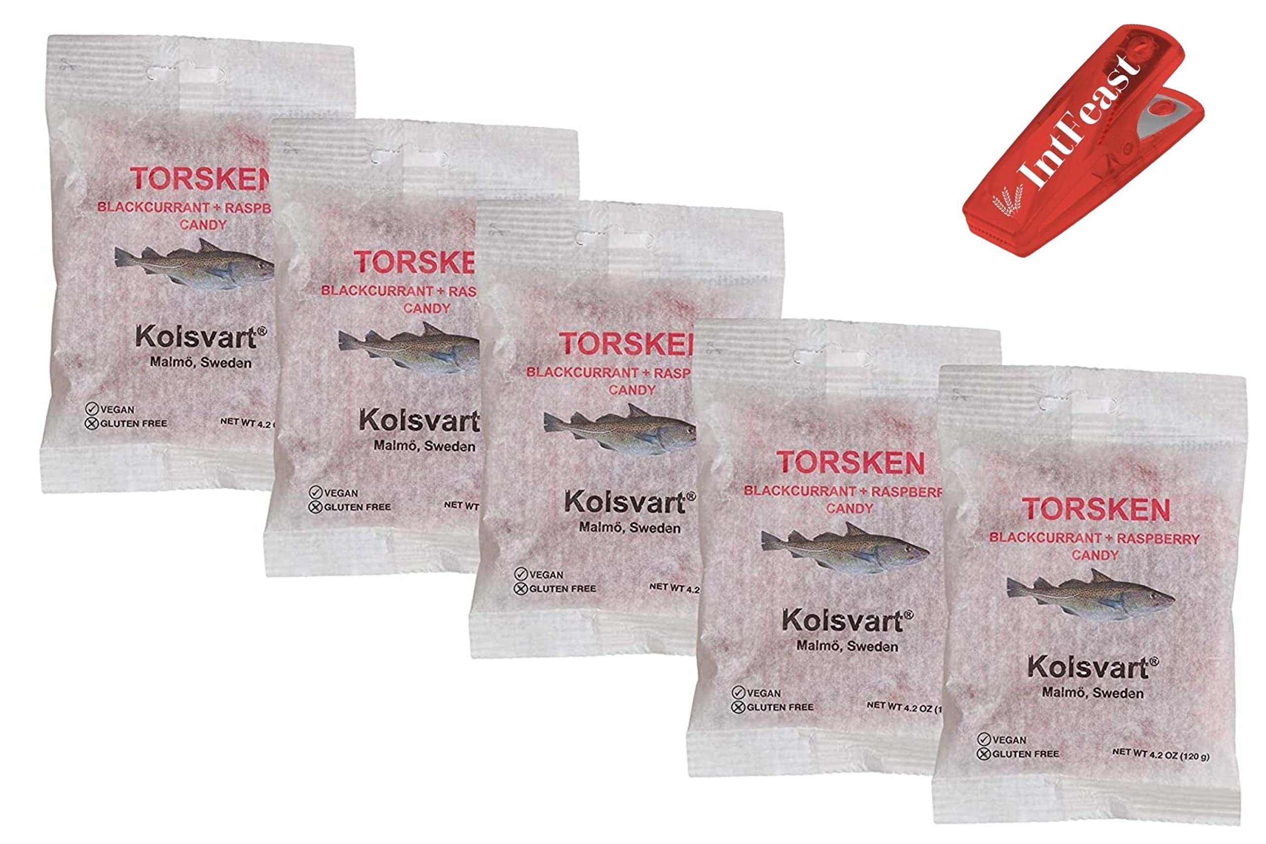 Kolsvart Blackcurrant & Raspberry Swedish Candy - Vegan, Gluten Free, 4.2oz (5 Pack) with Snack Bag Clip - Perfect for Office Snacks, Travel Treats & Gift Baskets | IntFeast