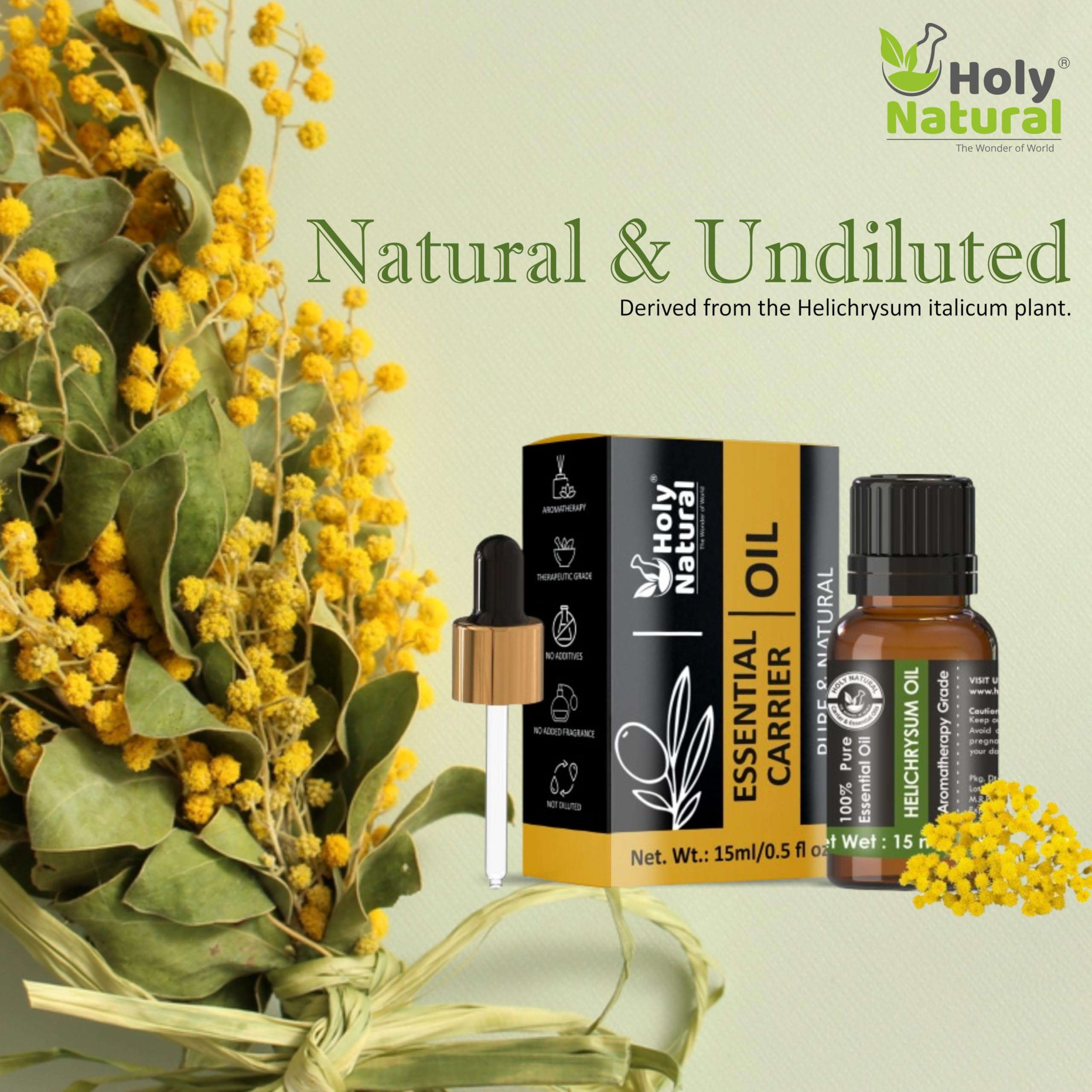 Pure Helichrysum Essential Oil 15ml - 100% Undiluted Therapeutic Grade for Skin Care, Aromatherapy & Relaxation | Helps Reduce Stretch Marks, Scars & Burns | Promotes Clear Breathing | Includes Dropper Plug | Perfect for Massage, Diffusers & DIY Beauty Products