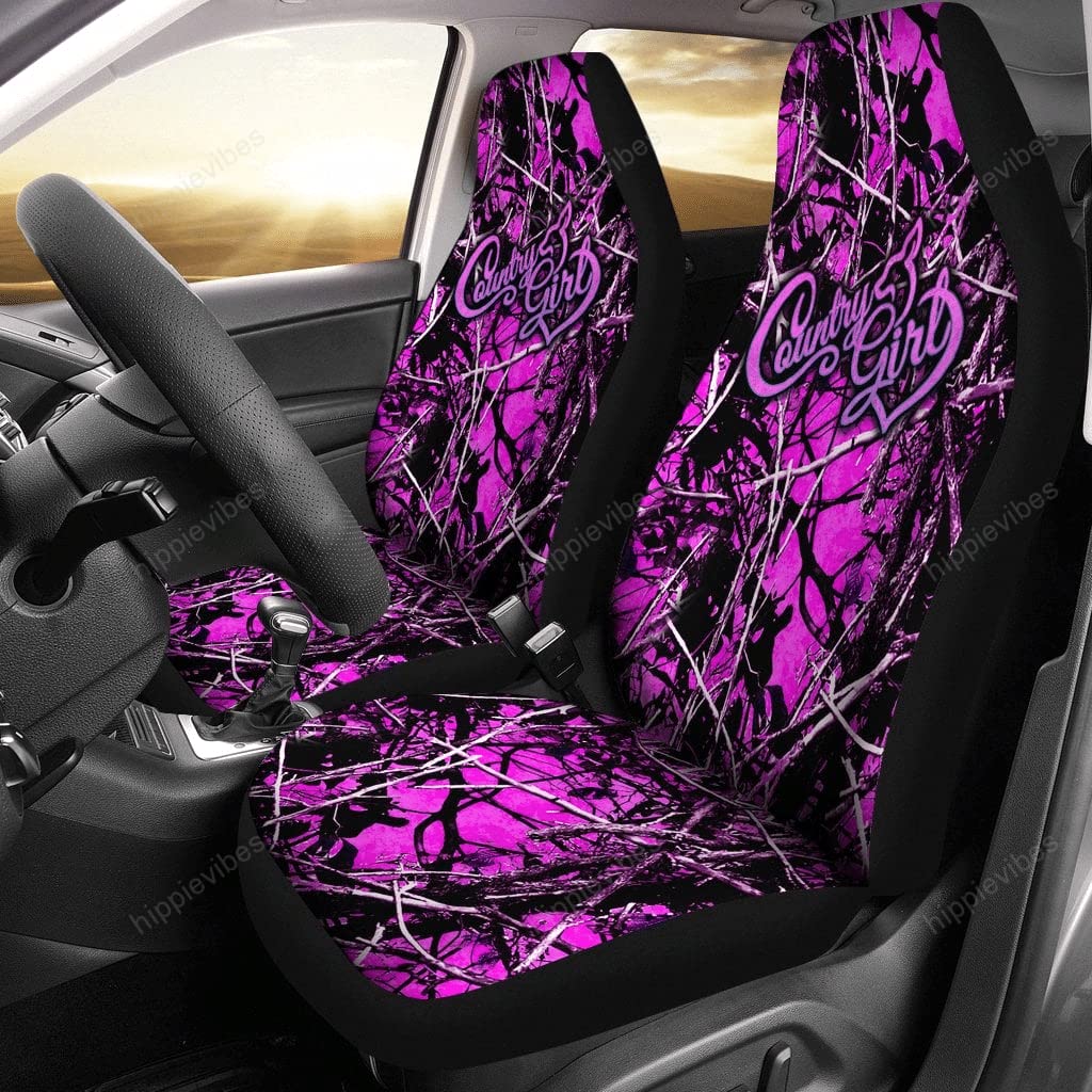 Country Girl Pink Camo Car Seat Covers - 2-Piece Front Seat Protectors for Trucks & Vans | UV-Resistant Auto Interior Decor | Perfect for Country-Themed Vehicles & Outdoor Enthusiasts