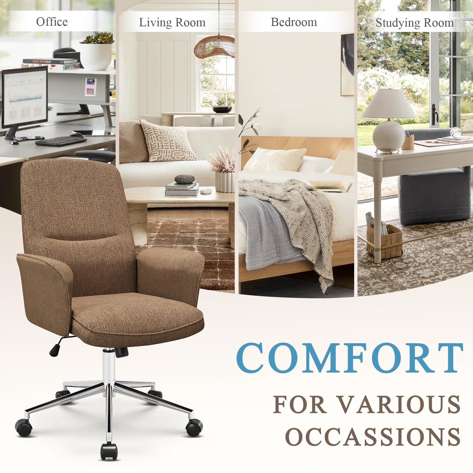 COLAMY Ergonomic Fabric Office Chair with Wheels & Armrests - Adjustable Swivel Computer Desk Chair for Home Office, Gaming, Makeup Vanity & Bedroom - Camel Upholstered Comfortable Task Chair