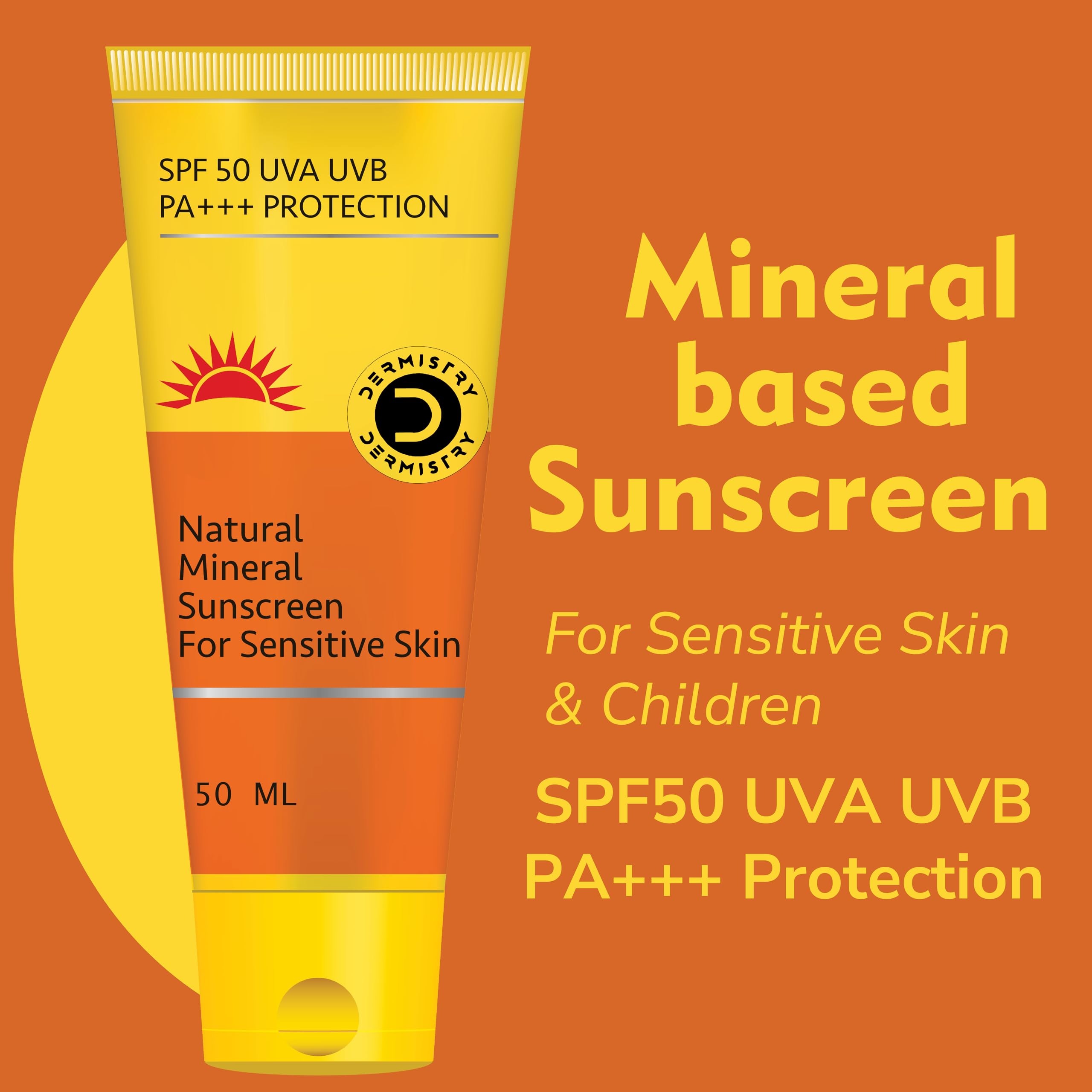 Dermistry Natural Mineral-Based Oil-Free Pollution Protect Water-Based Sunscreen SPF 50 for Sensitive Skin | UVA/UVB PA+++ Protection | Water-Resistant | 50ml | Ideal for Outdoor Activities, Beach, Swimming & Daily Use for Men, Women & Kids