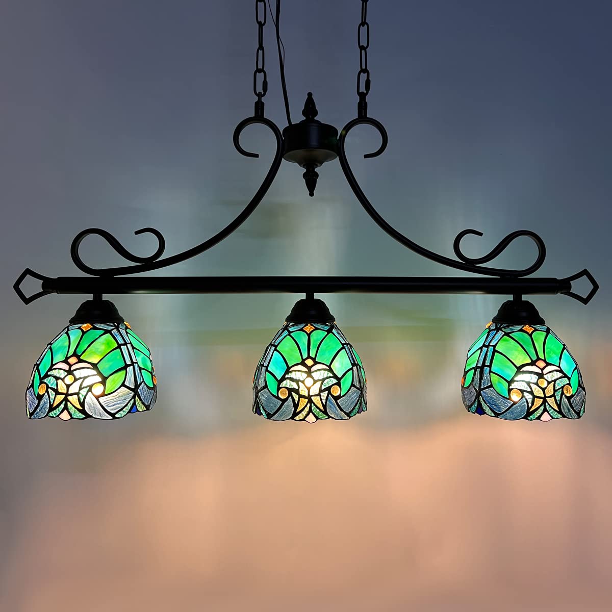 Tiffany Style Pool Table Chandelier - 3-Light Stained Glass Pendant Lighting Fixture for Dining Room, Kitchen Island, Game Room & Bar Decor | Perfect for Billiards, Entertainment Areas & Home Improvement