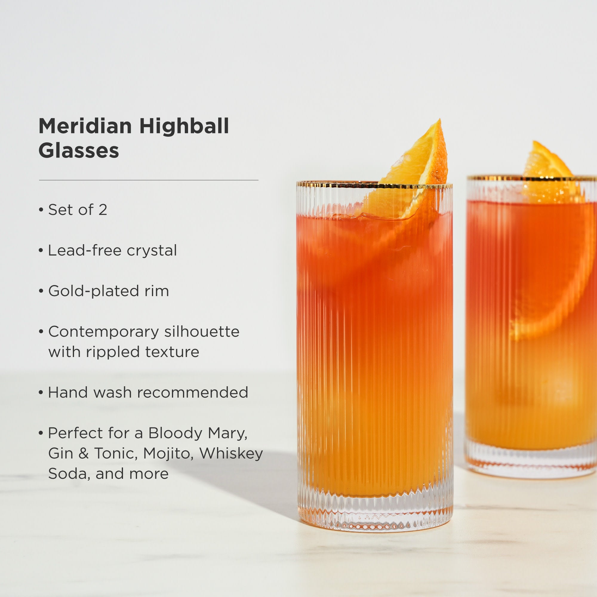Premium Meridian Crystal Highball Glasses - Set of 2 Elegant Whiskey & Cocktail Drinking Glasses - Perfect for Home Bars, Parties & Gifts