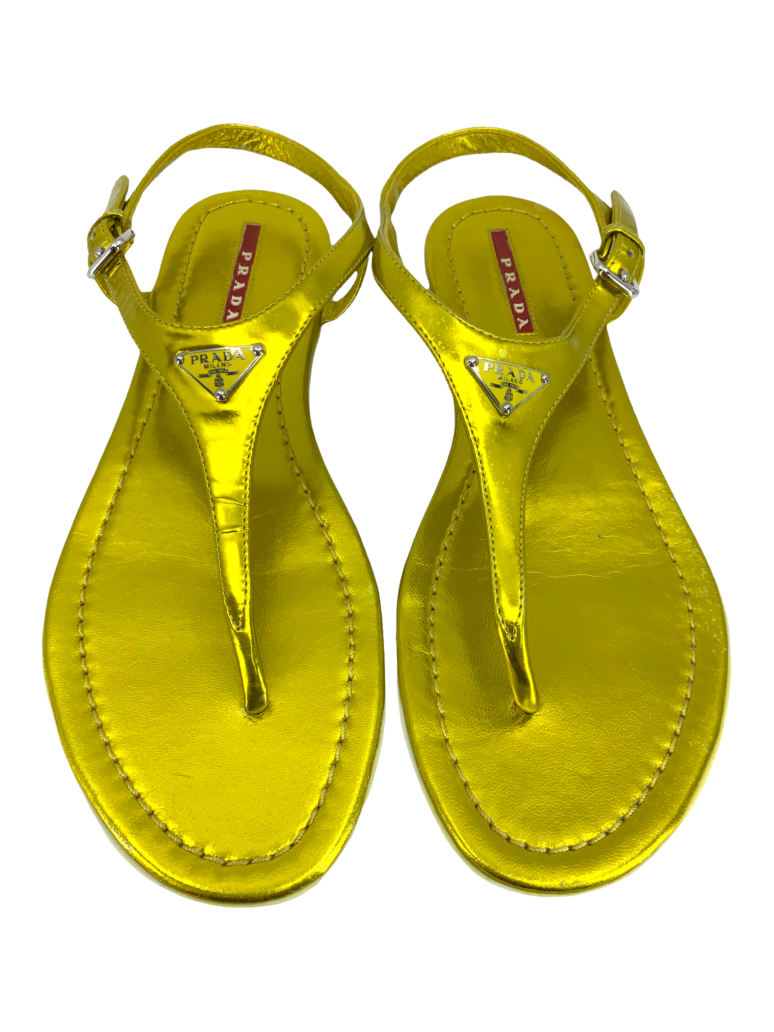 PRADA Women's Metallic Leather Logo Thong Sandals - Size 8 | Luxury Summer Flip Flops for Beach, Pool & Casual Outings