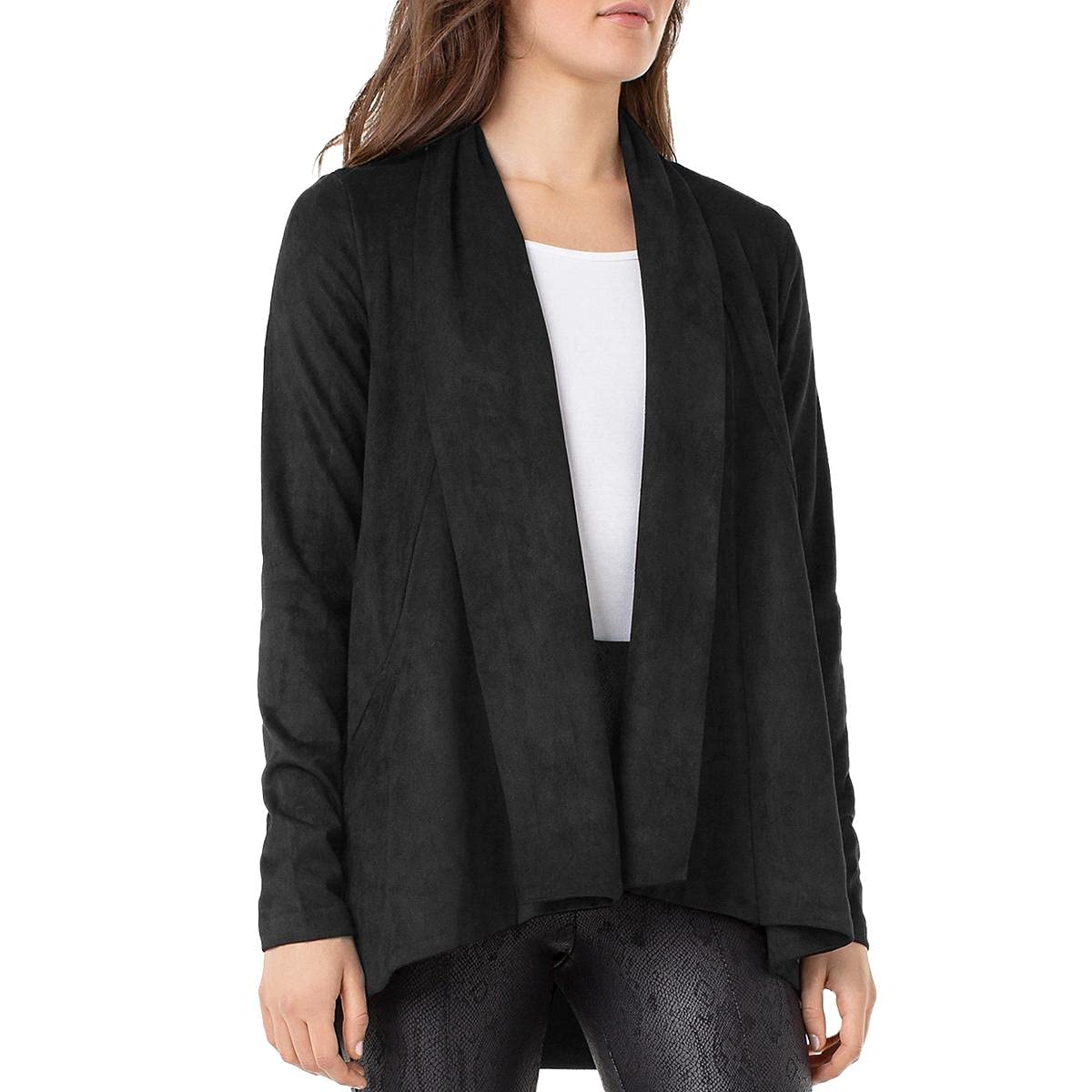 Liverpool Women's Suede Open Front Cardigan Sweater - Black | Cozy Knit Long Sleeve Cardigan for Fall & Winter | Perfect for Casual Outfits, Office Wear and Layering