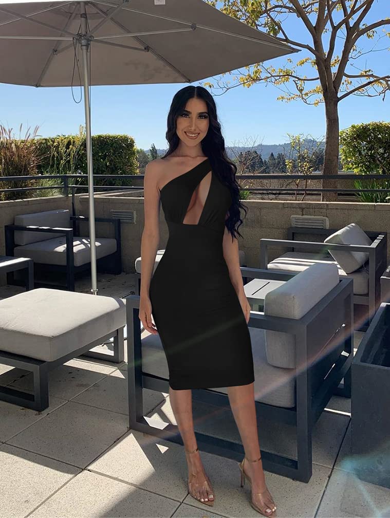 GOKATOSAU Women's Sexy One Shoulder Sleeveless Cut Out Bodycon Midi Dress for Nightclub Party, Cocktail, Date Night & Special Occasions