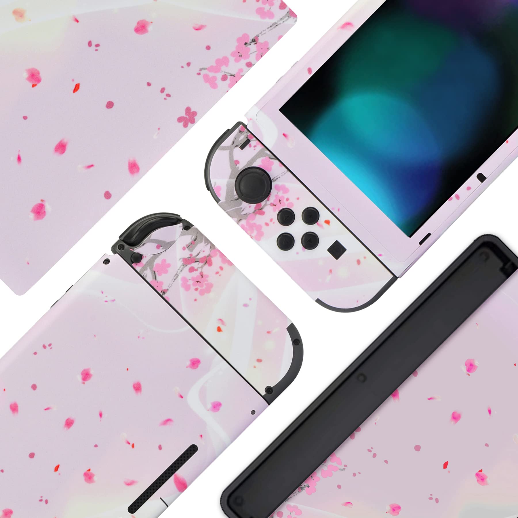 PlayVital 2-Piece Protective Skin Decal Set for Nintendo Switch - Full Coverage Stickers for Console, Joy-Con, Dock & Grip - Pink Petals Floral Design | Perfect for Gaming Protection & Customization | Great Gift for Nintendo Switch Lovers