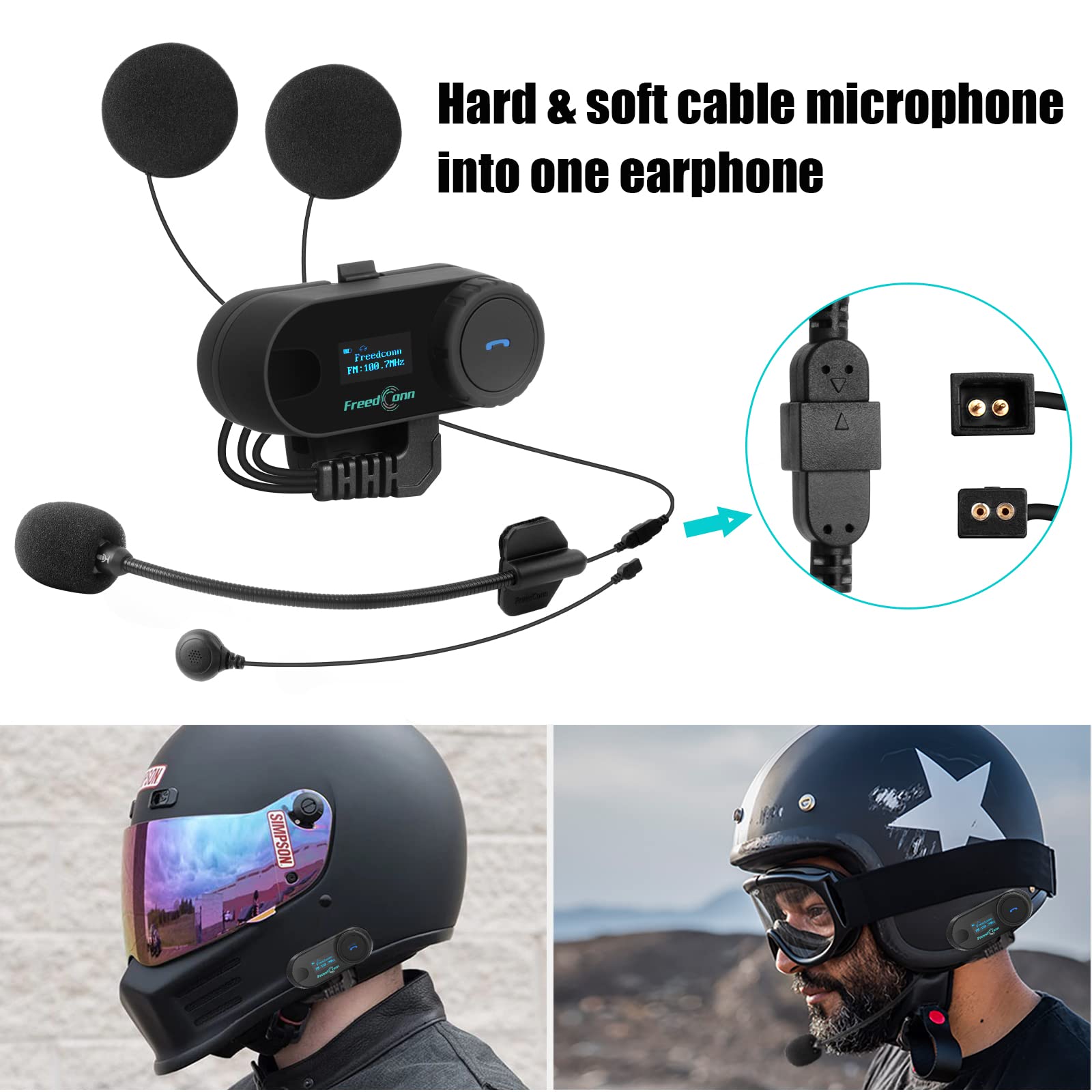 FreedConn Motorcycle Bluetooth Headset with Soft Cable - Compatible with TCOM VB, T-COM SC, KY PRO - Noise Cancelling Mic & Headphones for Helmet Intercom - Perfect for Group Riding & Communication on the Road