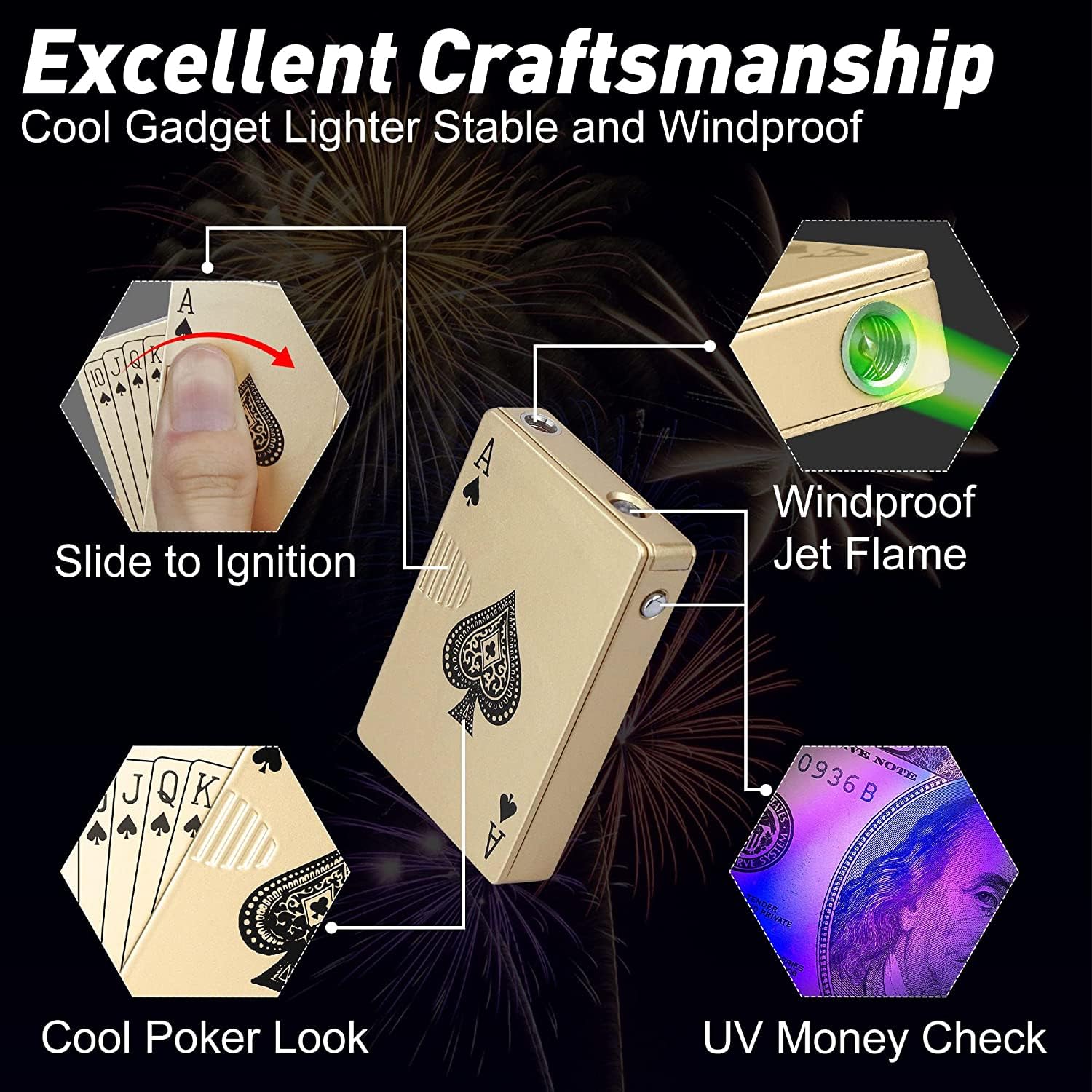 Jet Torch Lighter - Ace Card Green Flame Windproof Butane Lighter with Metal Poker Design, Refillable Cool Lighter for Outdoor Camping, BBQ, Candle Lighting, Birthday Gifts for Men & Women (Gas Not Included) - Perfect for Campfires, Grilling, Candle Parties & Survival Kits