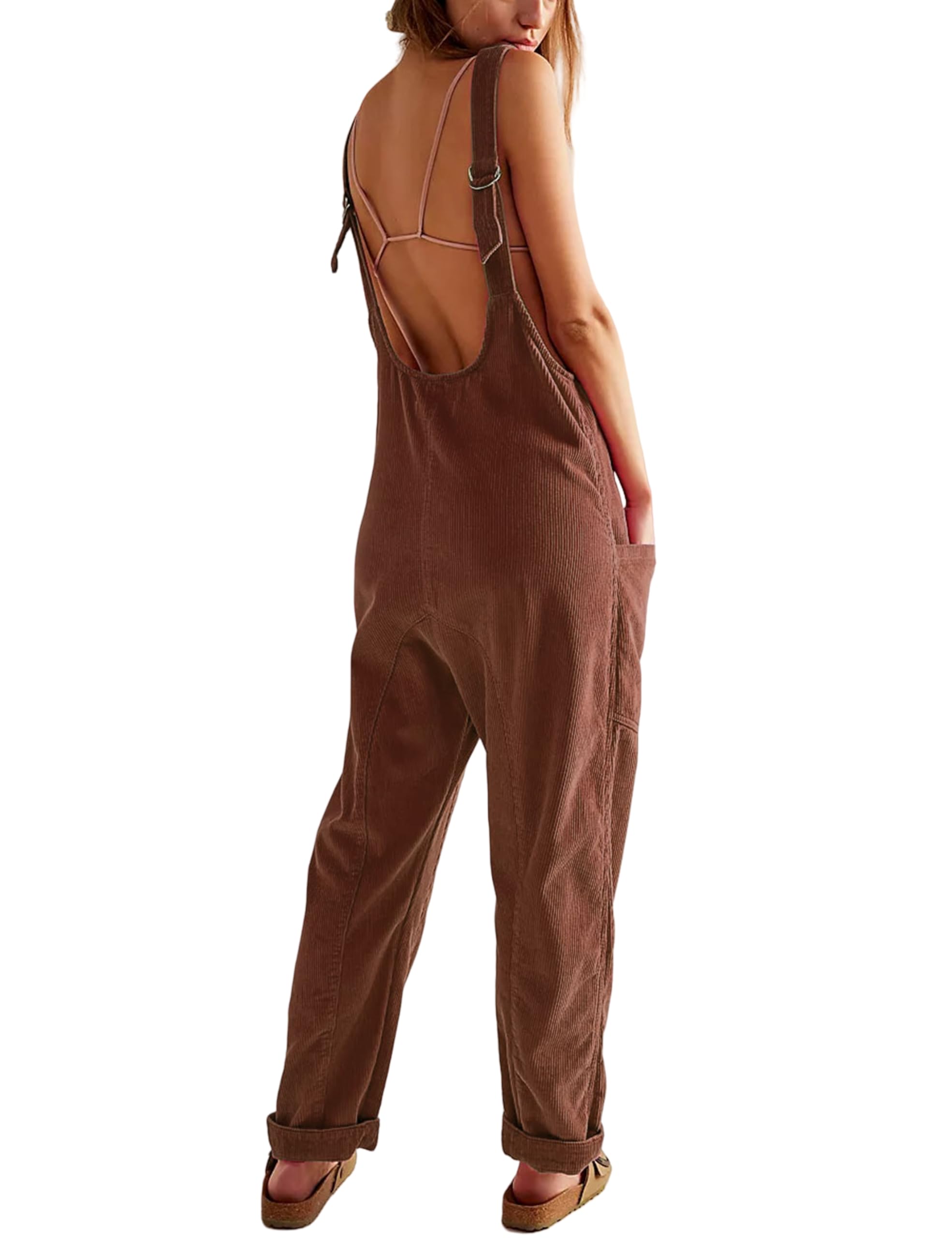Women's High Roller Corduroy Overalls - Sleeveless Casual Jumpsuit with Pockets | Trendy One-Piece Romper for Everyday Wear, Outings & Street Style Fashion