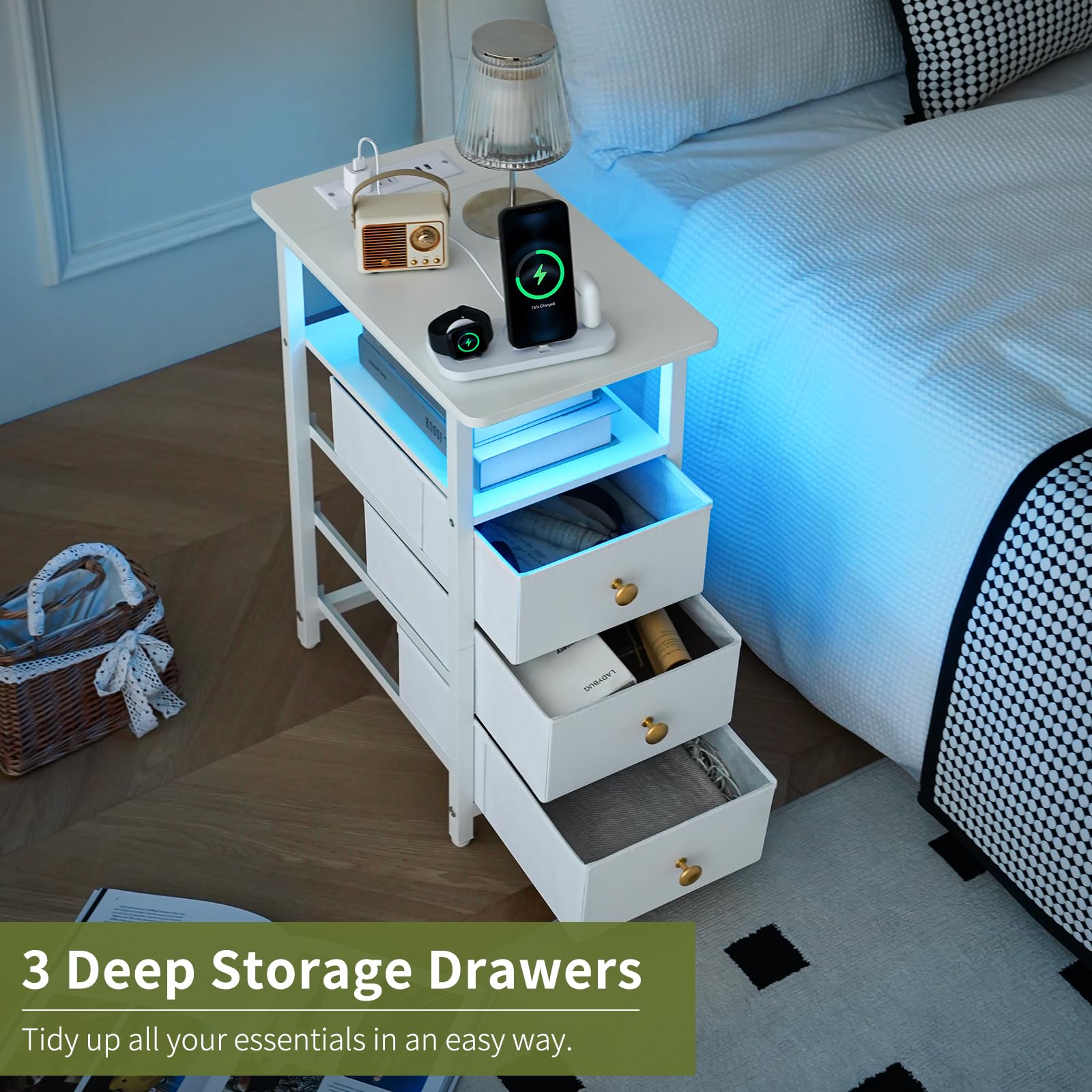 Yoobure LED Narrow End Table with Charging Station - Small Nightstand with 3 Fabric Drawers, Skinny Side Table for Bedroom, Living Room & Small Spaces - Perfect for Bedside Storage, Phone Charging & Home Decor