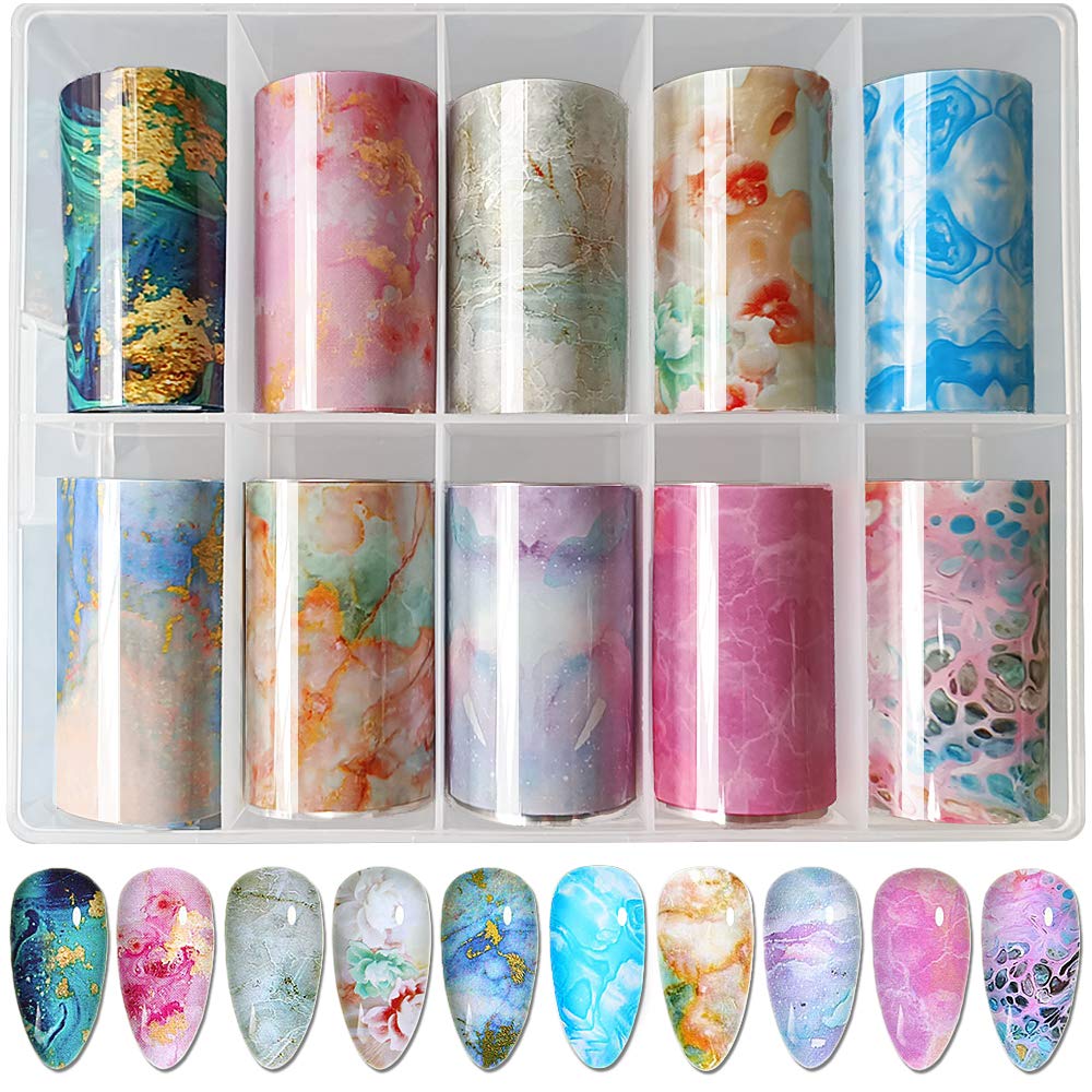 10 Sheets Marble Nail Foil Transfer Stickers - DIY Nail Art Decoration Kit (4x100cm) | Waterproof Nail Adhesive Decals for Home Salon, Party Manicure & Gift Ideas