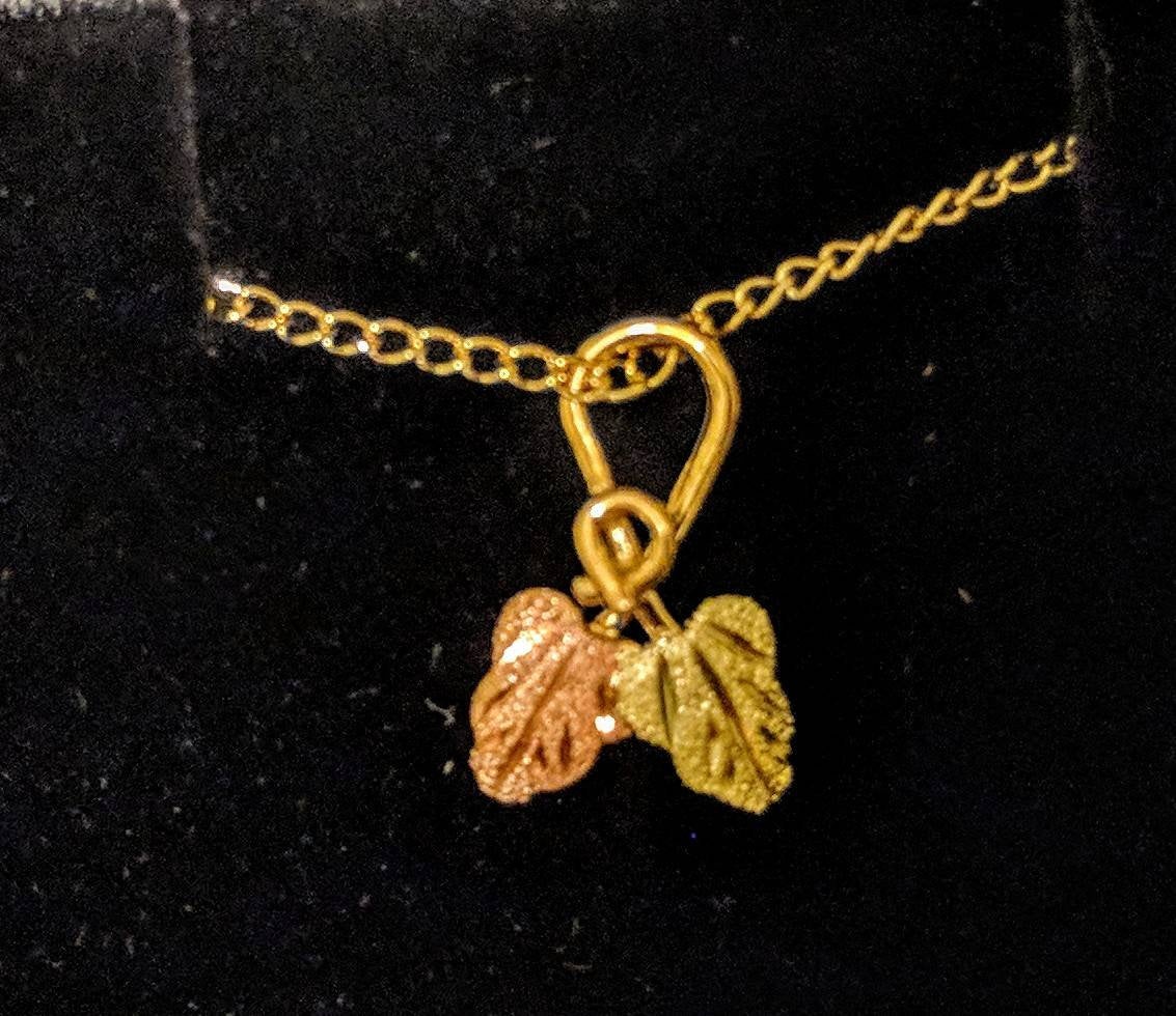 10kt Solid Gold Three-Tone Two Leaf Pendant with Red & Green Enamel - Includes 18