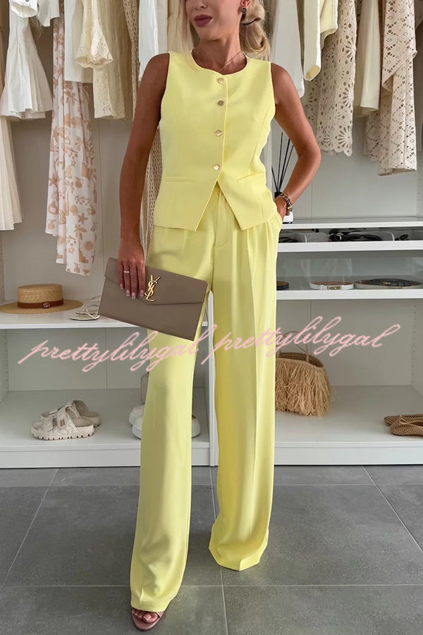 Stylish Women's Sleeveless Button Vest & Relaxed Pocket Wide Leg Pants Set - Office Workwear & Business Casual Outfit for Professional Women
