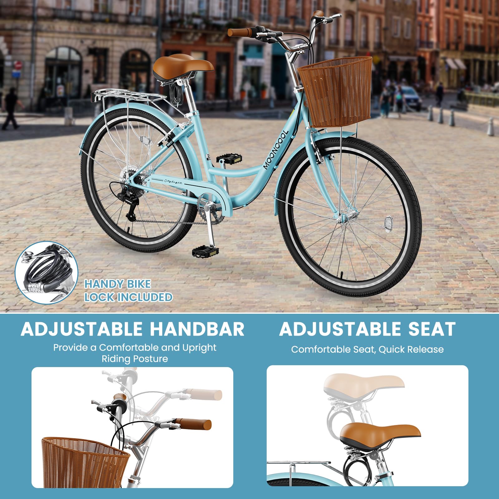 24/26 Inch Women's 7-Speed Cruiser Bike with Basket & Lock - Lightweight City Commuter Bicycle for Ladies - Perfect for Beach Rides, Urban Commuting & Leisure Cycling