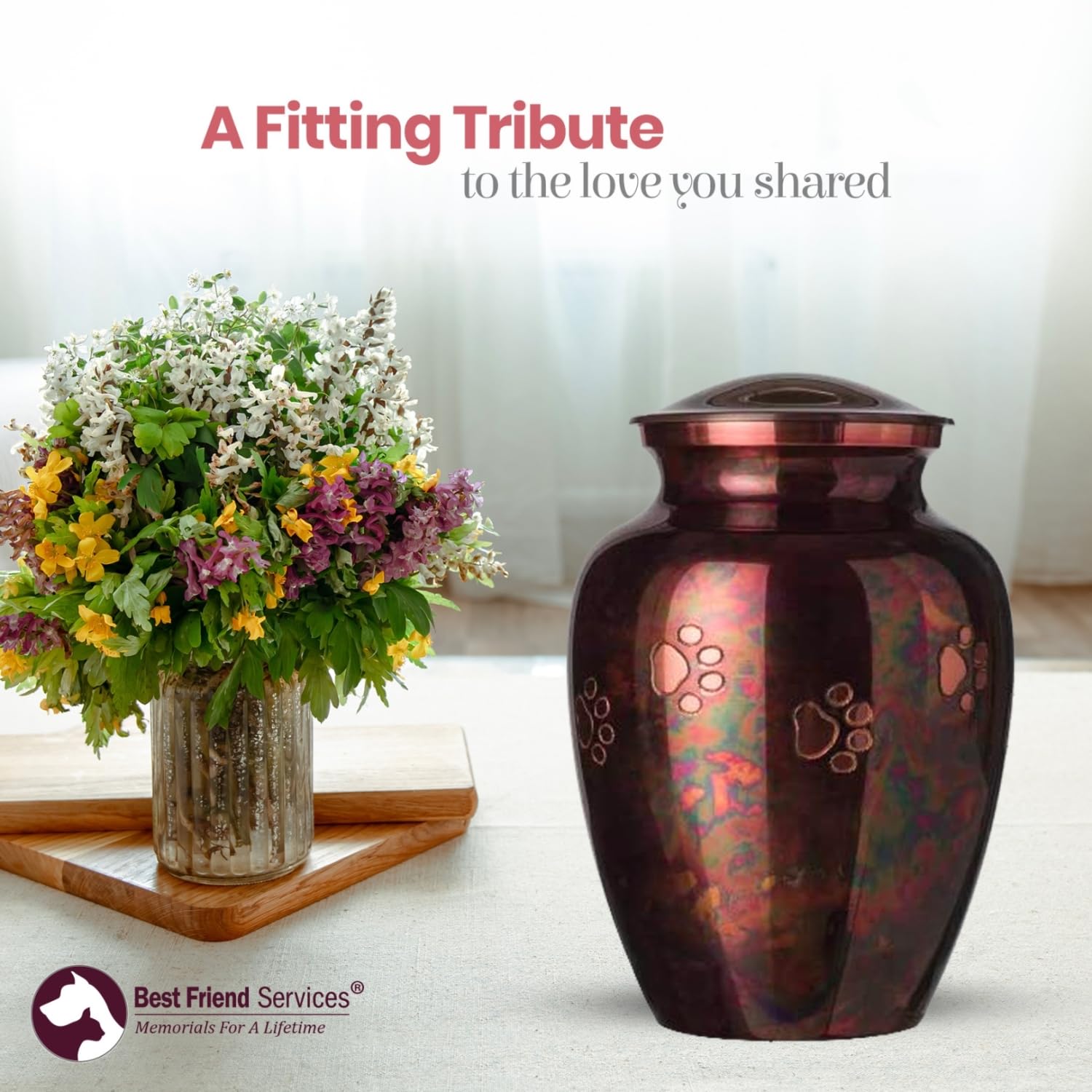 Hand Carved Brass Pet Urn for Dogs and Cats Ashes - Ottillie Paws Legacy Memorial Cremation Urn, Raku Finish, Horizontal Design, X-Large Size, Perfect for Home Memorials and Pet Keepsakes