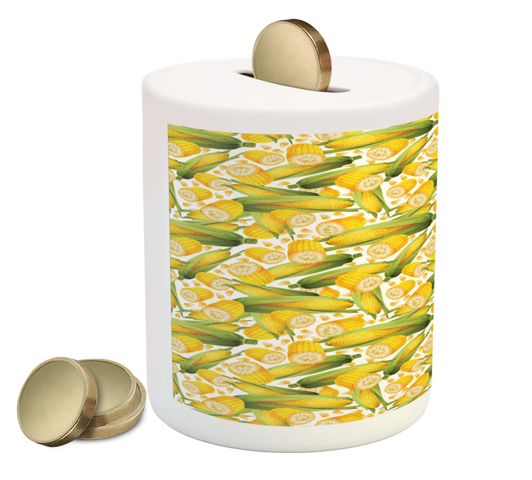 Ambesonne Ceramic Corn Piggy Bank - Realistic Yellow Corn Stalks Design, Organic Vegetable Themed Money Box for Cash Savings | Perfect for Farmhouse Decor, Kitchen Countertop, or as a Unique Gift for Agriculture Enthusiasts