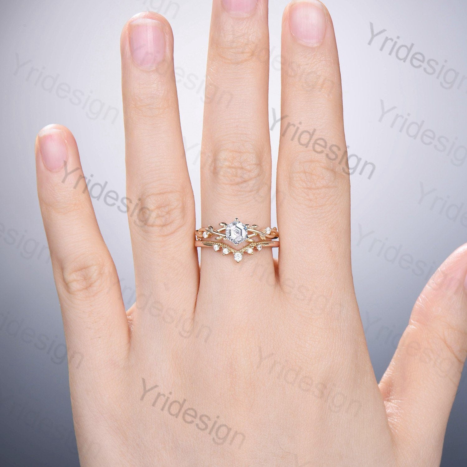 Hexagon Brilliant Moissanite Engagement Ring Set - Nature Inspired Leaf Branch Wedding Ring - Unique Twig Bridal Jewelry for Women - Perfect for Proposals, Anniversaries & Romantic Occasions