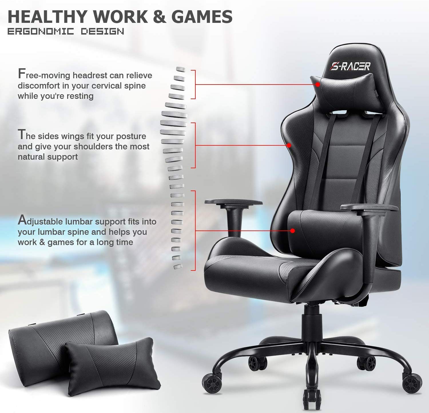 Homall Ergonomic Gaming Chair - High Back PU Leather Office Computer Desk Chair with Adjustable Headrest & Lumbar Support, Swivel Racing Style for PC Gamers & Home Office (Black) - Perfect for Esports, Streaming & Long Work Sessions