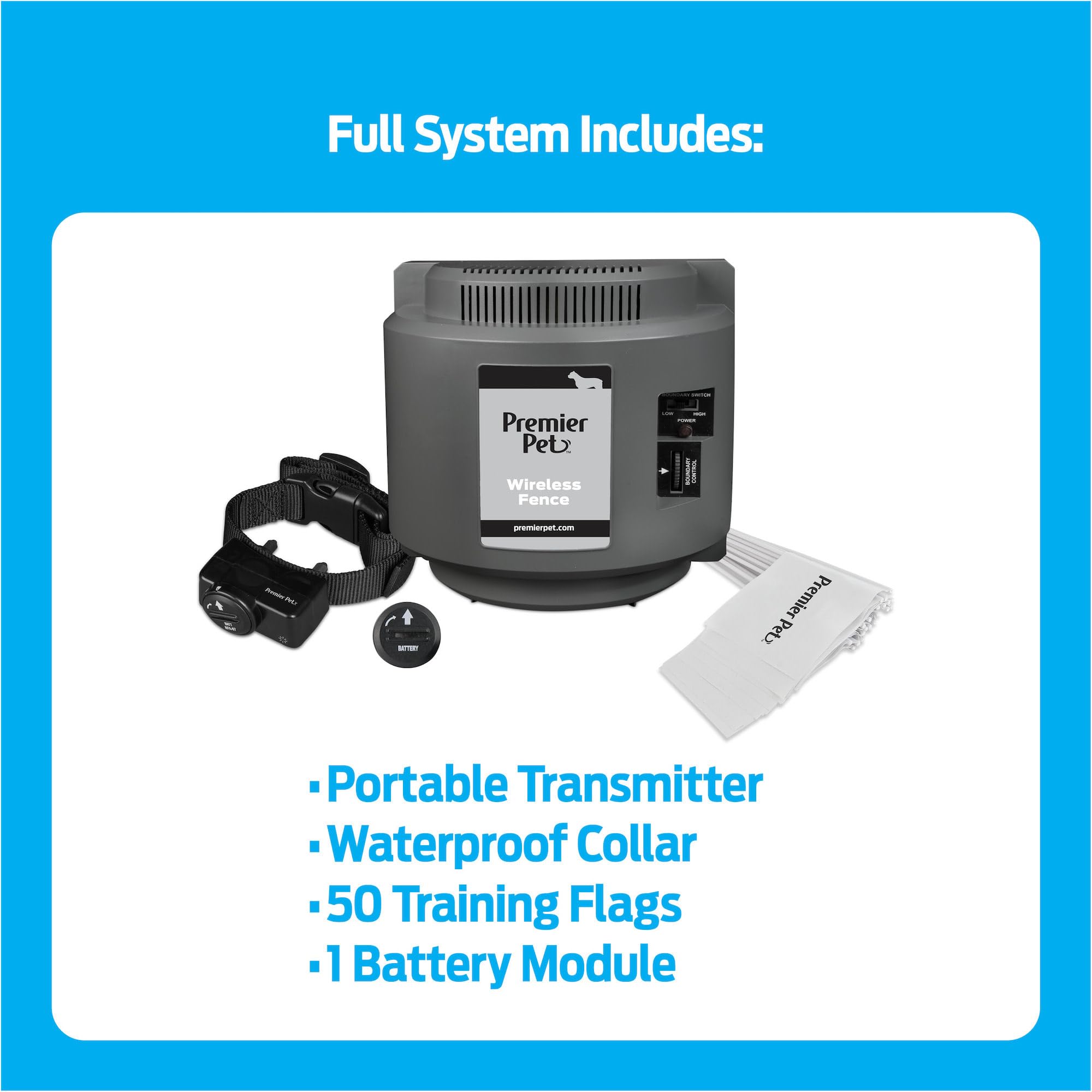 Premier Pet Wireless Dog Fence System - Adjustable Circular Boundary up to ½ Acre, Waterproof Collar with Tone & 5 Static Correction Levels, Expandable for Multiple Dogs, No Digging Required - Perfect for Backyard, Garden & Large Outdoor Spaces