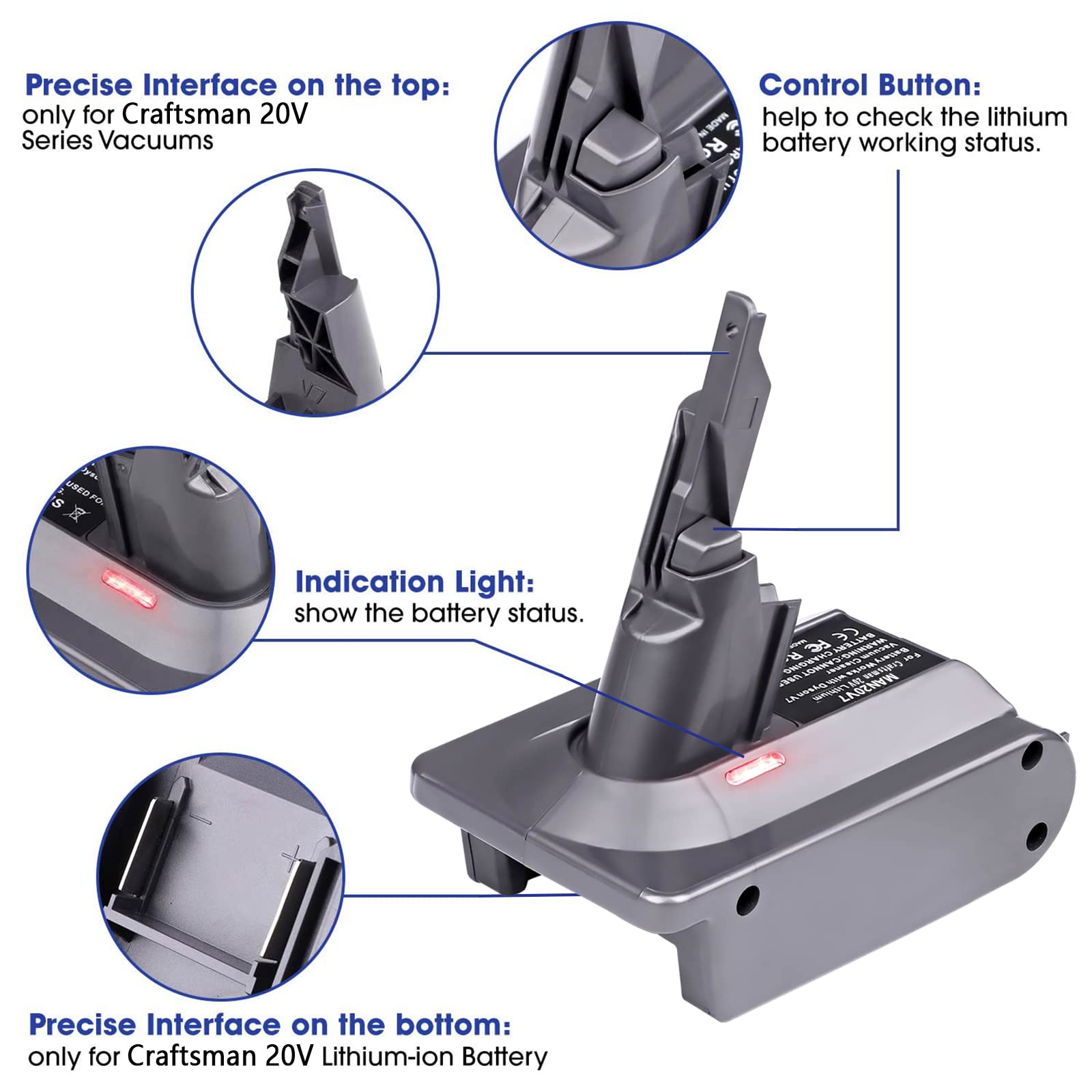 Dyson V7 V8 Vacuum Cleaner Adapter - Craftsman 20V Battery Converter for V7 V8 Series Animal Absolute Motorhead Cordless Stick Vacuums | Perfect for Home Cleaning, Pet Hair Removal & Hard-to-Reach Areas