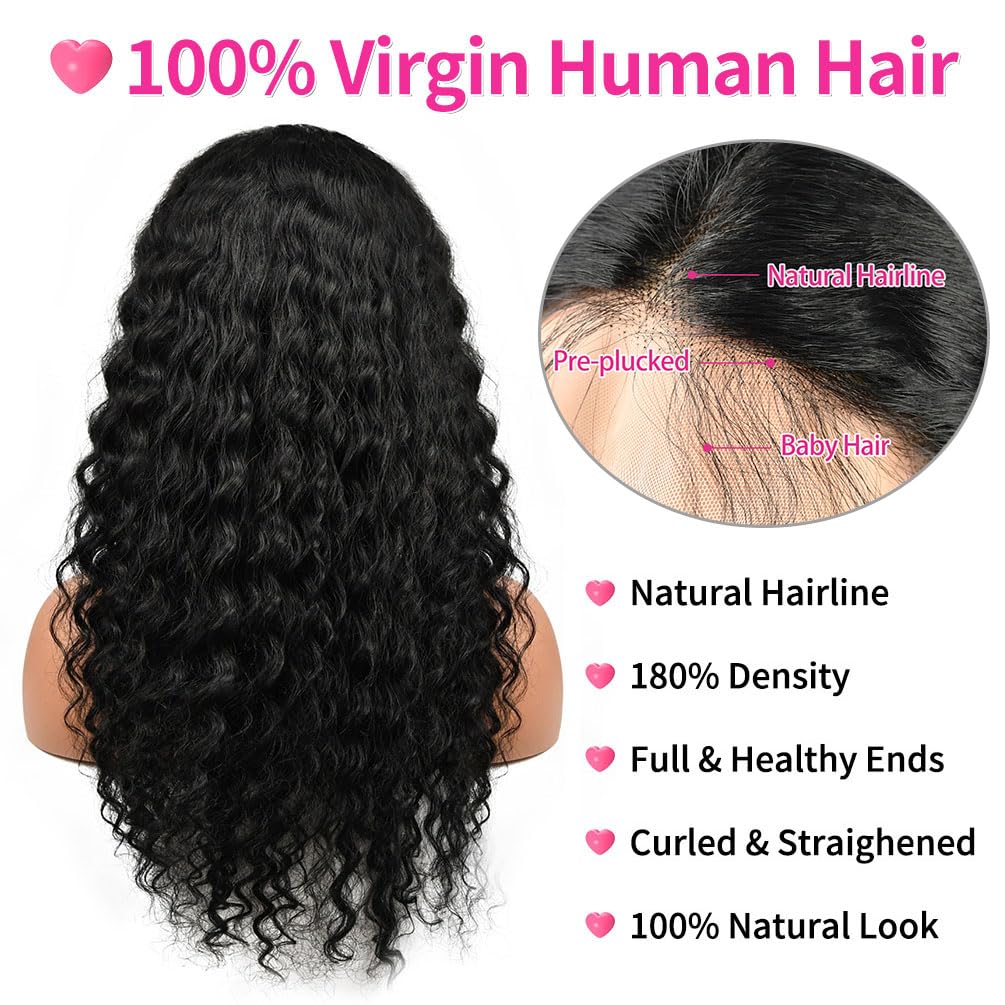 13x4 Glueless Human Hair Wigs Pre Plucked Deep Wave Lace Front Wig with Baby Hair - 180% Density 24 Inch Natural Black for Women | Perfect for Daily Wear, Parties & Special Occasions