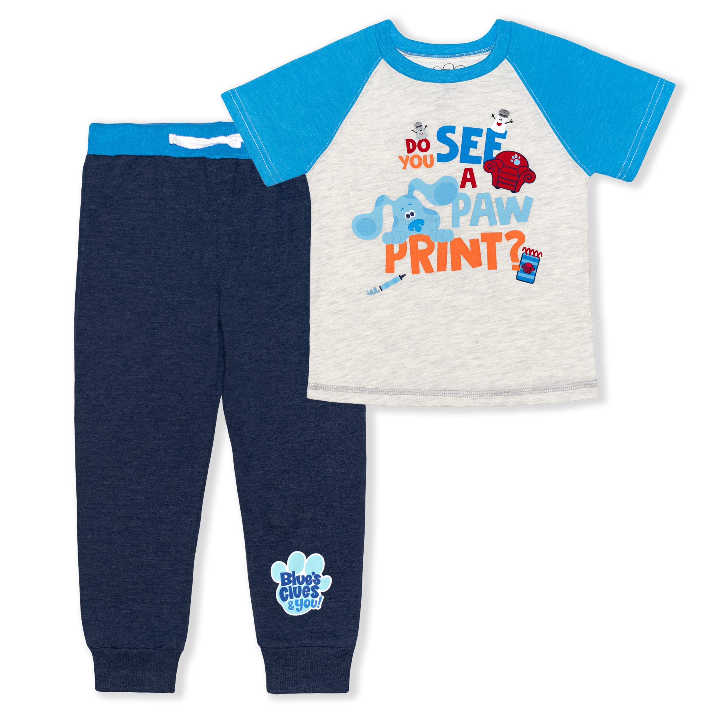 Nickelodeon Blues Clues Toddler Boys Outfit - 2-Piece T-Shirt & Jogger Pants Set in Grey, Blue & White | Cute Cartoon Character Pajamas for Playtime & Preschool