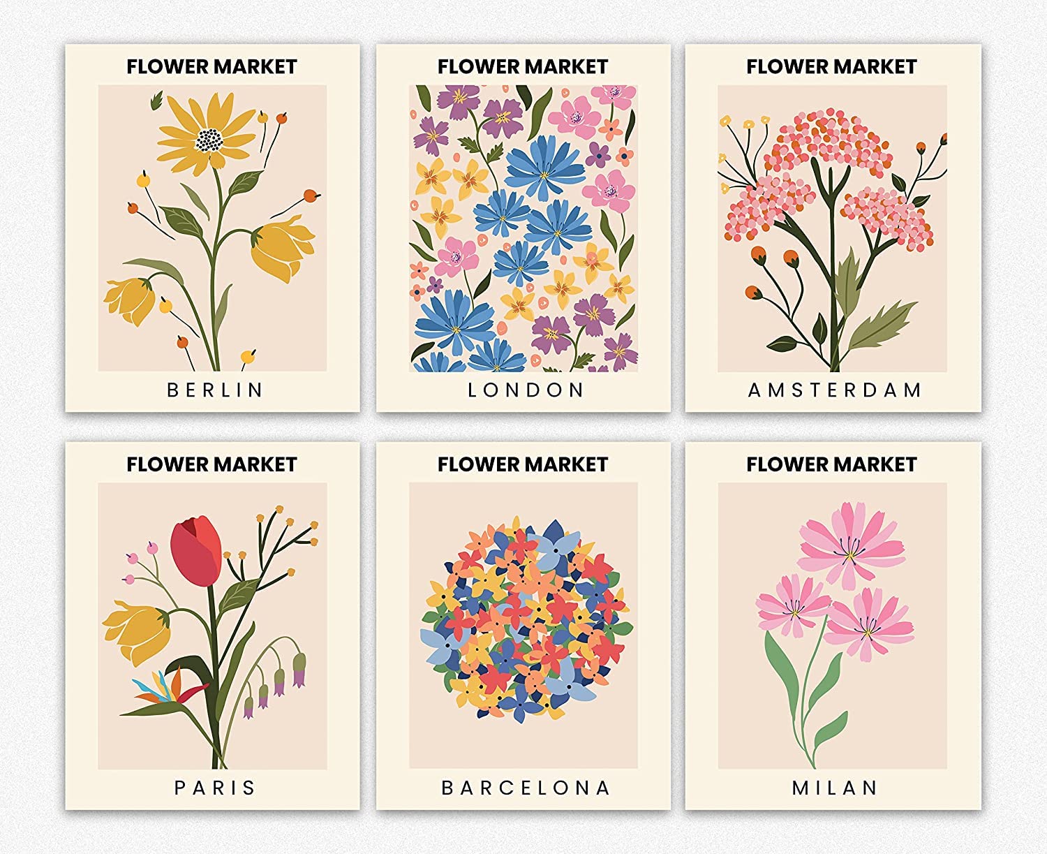 Set of 6 Vintage Flower Market Posters - Minimalist Wall Art Decor, Floral Bedroom Aesthetic, Apartment Decor, Motivational Inspirational Prints (24x36 in) - Perfect for Living Room, Office & Nursery Wall Decor