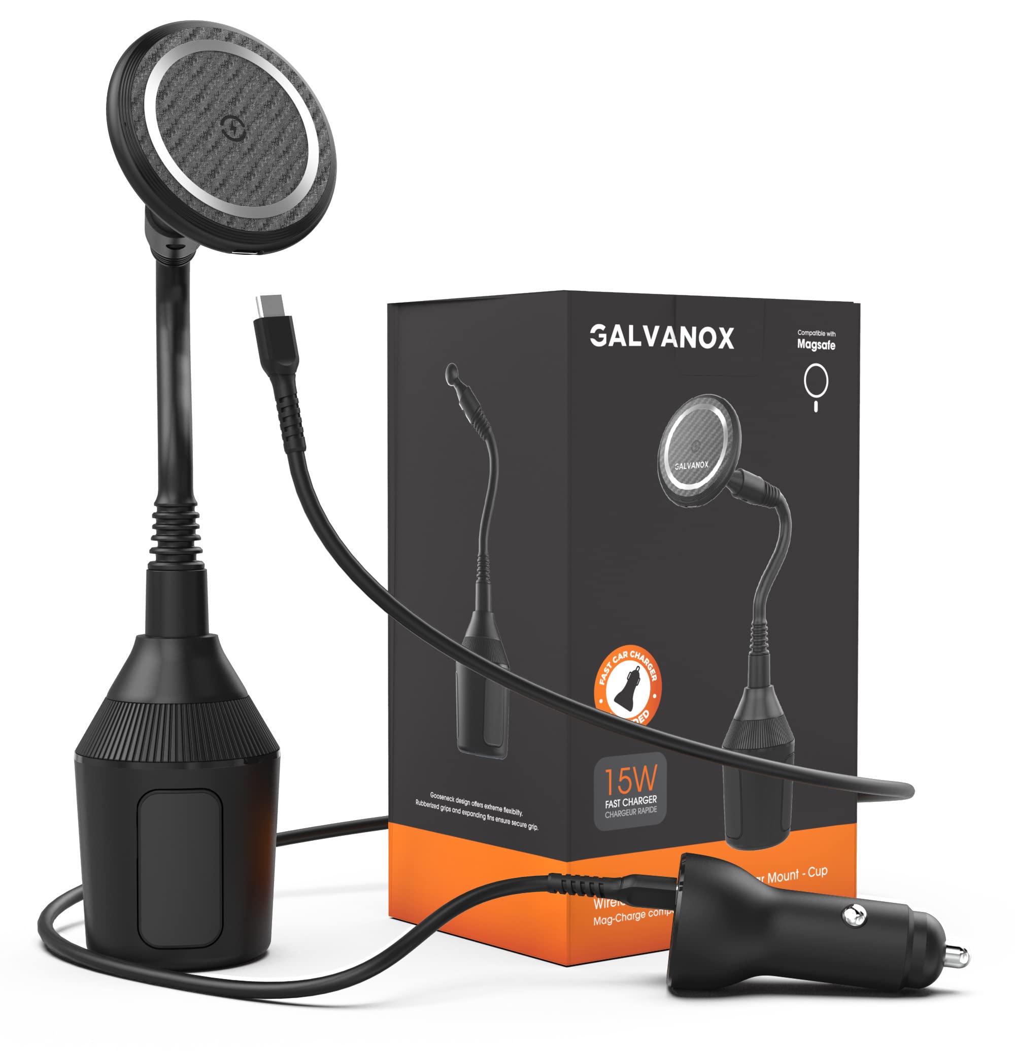 GALVANOX Magnetic Car Phone Mount with 15W Fast Charging - Compatible with MagSafe iPhone 12/13/14 Pro Max - Includes USB Adapter - Perfect for Hands-Free Driving & Safe Navigation
