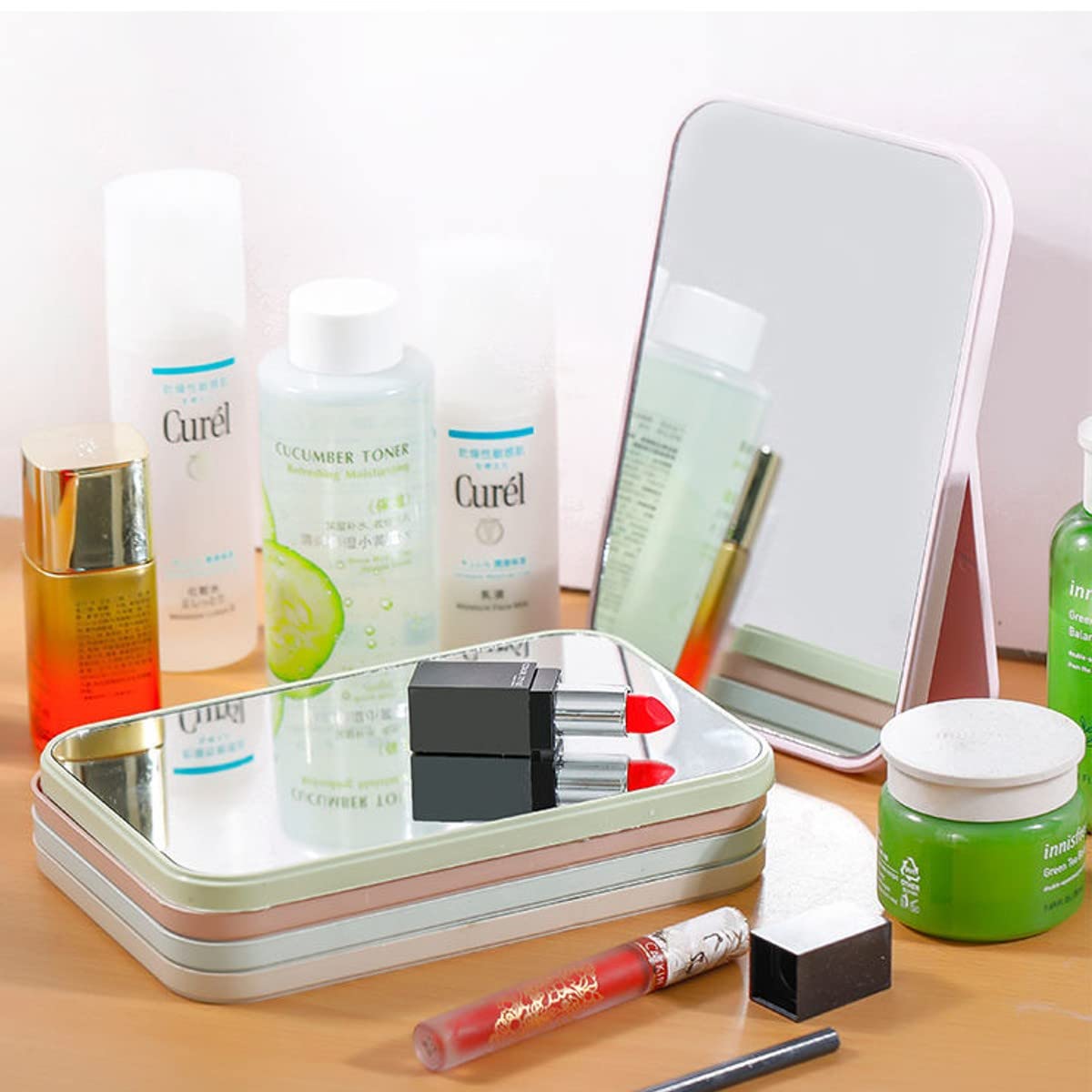 Leeonz Portable Folding Vanity Mirror with Stand - 90° Adjustable Rotation Makeup Mirror for Travel, Shower & Shaving - Perfect for Home, Bathroom & On-the-Go Use (Pink)