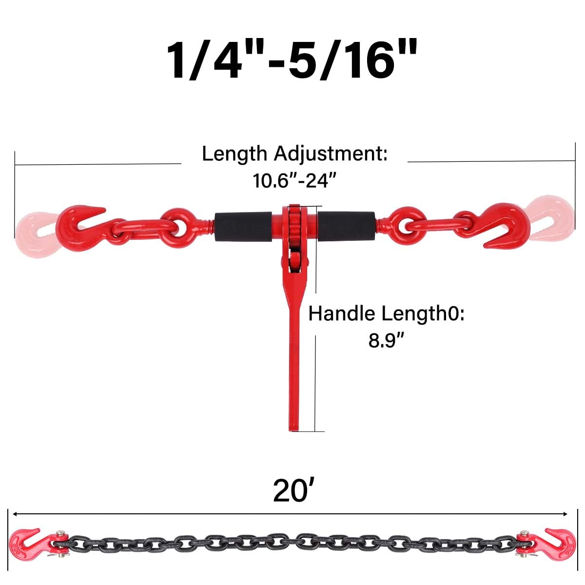 1/4''-5/16'' G80 Ratchet Load Binder Kit with 20ft Transport Chain & Hook - 3,300lbs Working Load for Tie Down, Towing, Cargo Securing & Trucking Applications