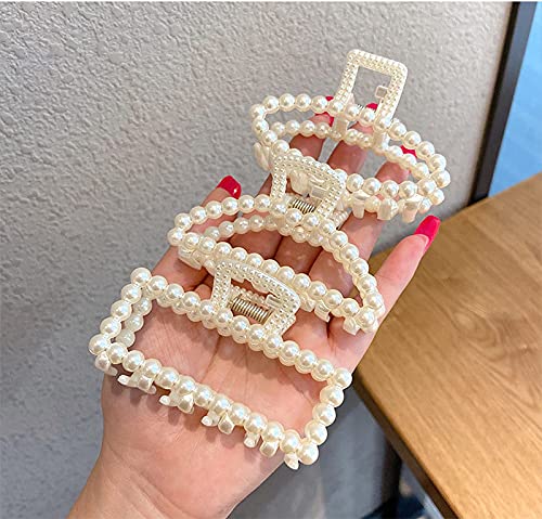 Champagne Pearl Hair Claw Clips for Women - Medium Size Non-Slip Retro Barrettes, Decorative Hair Accessories & Styling Tools (Rectangle) - Perfect for Weddings, Parties, and Everyday Elegant Hairstyles