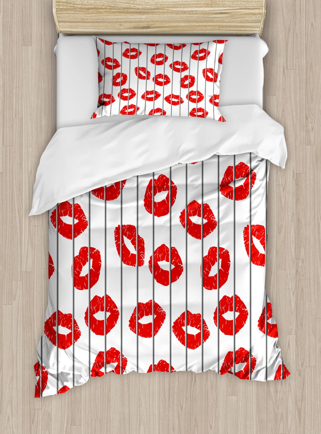 Ambesonne Glamour Duvet Cover Set - 2 Pack California King Size, Scarlet White & Grey - Romantic Lips Behind Bars Print for Valentine's Day - Includes 2 Duvet Covers & 4 Pillowcases - Perfect for Master Bedroom, Guest Room & Romantic Getaways