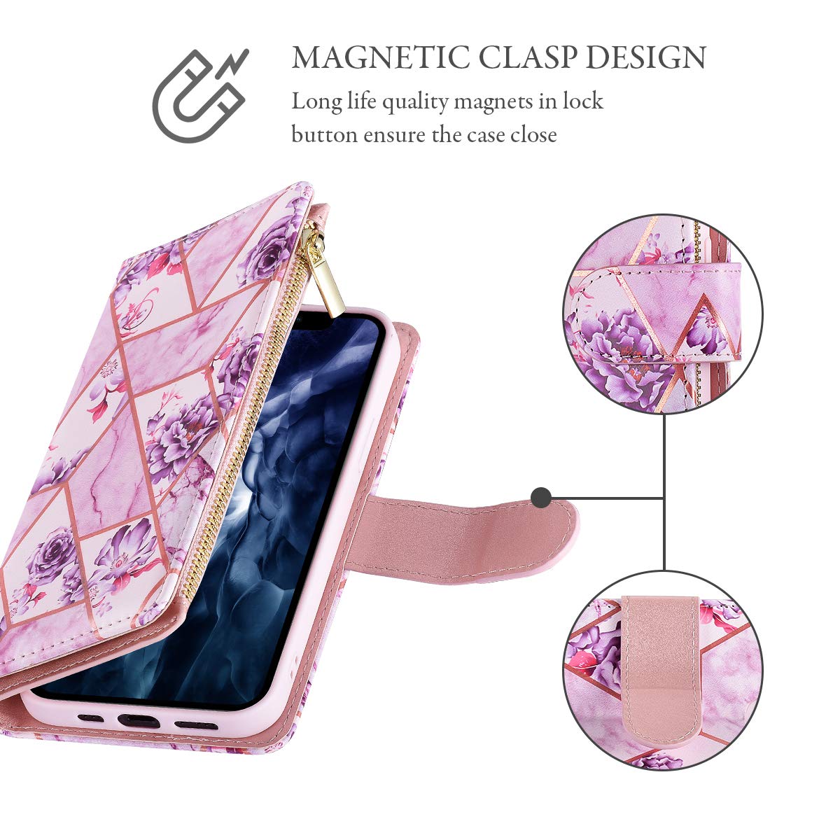 Premium PU Leather Wallet Case for iPhone 12 Pro Max - Magnetic Closure, Zipper Pocket, Kickstand & Card Slots with Hand Strap | Stylish Marble Flip Phone Case for Women (Purple Flower Design) | Perfect for Daily Use, Travel & Shopping