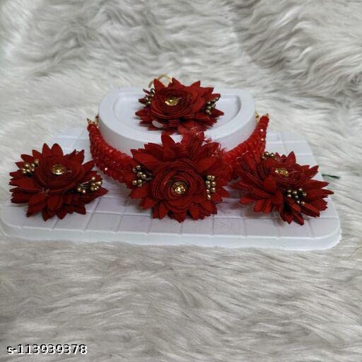 12SEASONS Artificial Flower Jewelry Set - Maroon Earrings, Mangtika & Necklace for Women | Bridal Wedding Accessories for Mehandi & Haldi Ceremonies | Perfect for Indian Traditional Festivals & Special Occasions