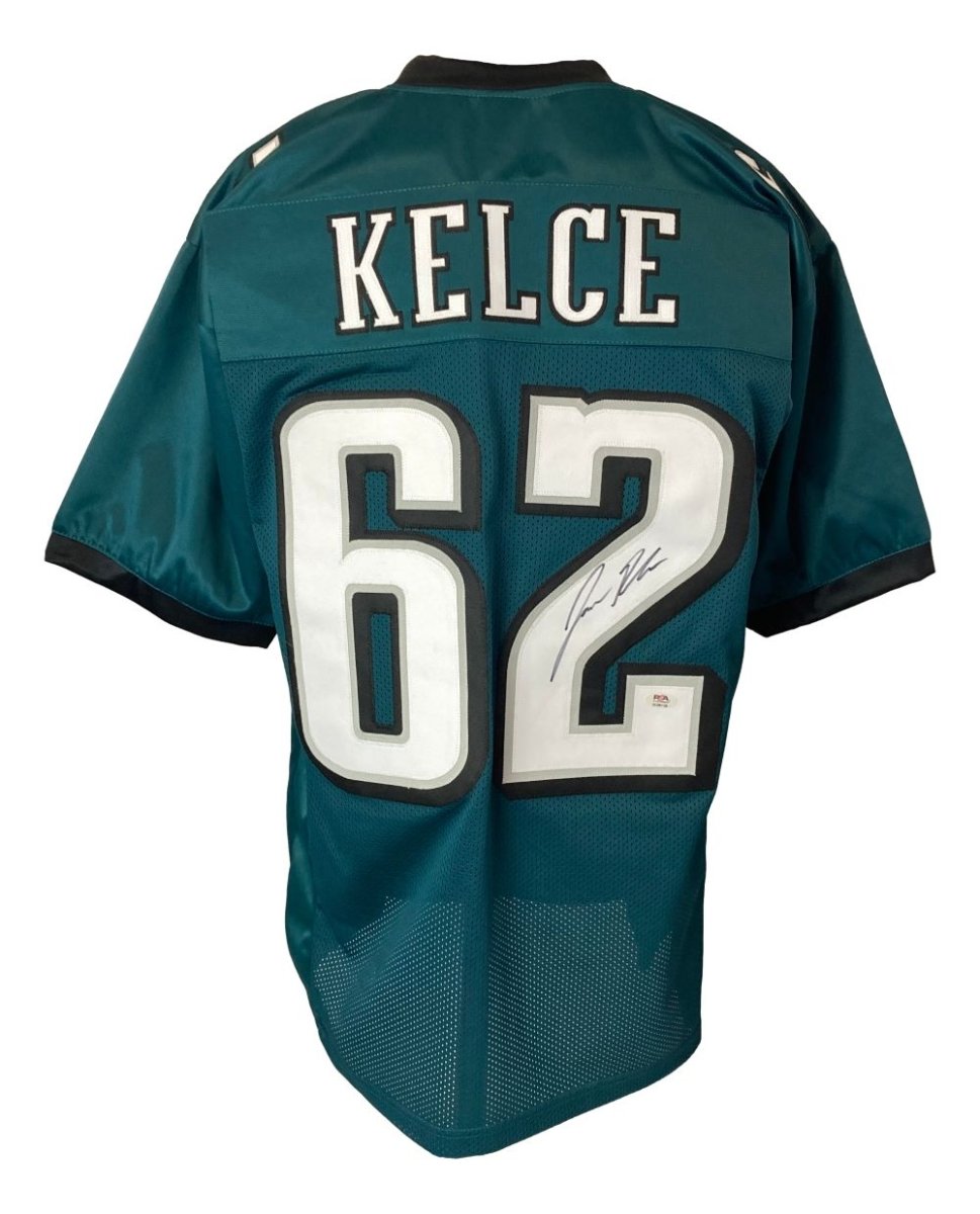 Jason Kelce Philadelphia Eagles Autographed Green Football Jersey - Twice Signed with PSA ITP Hologram Certification - Perfect for Eagles Fans, Sports Memorabilia Collectors & Game Day Display