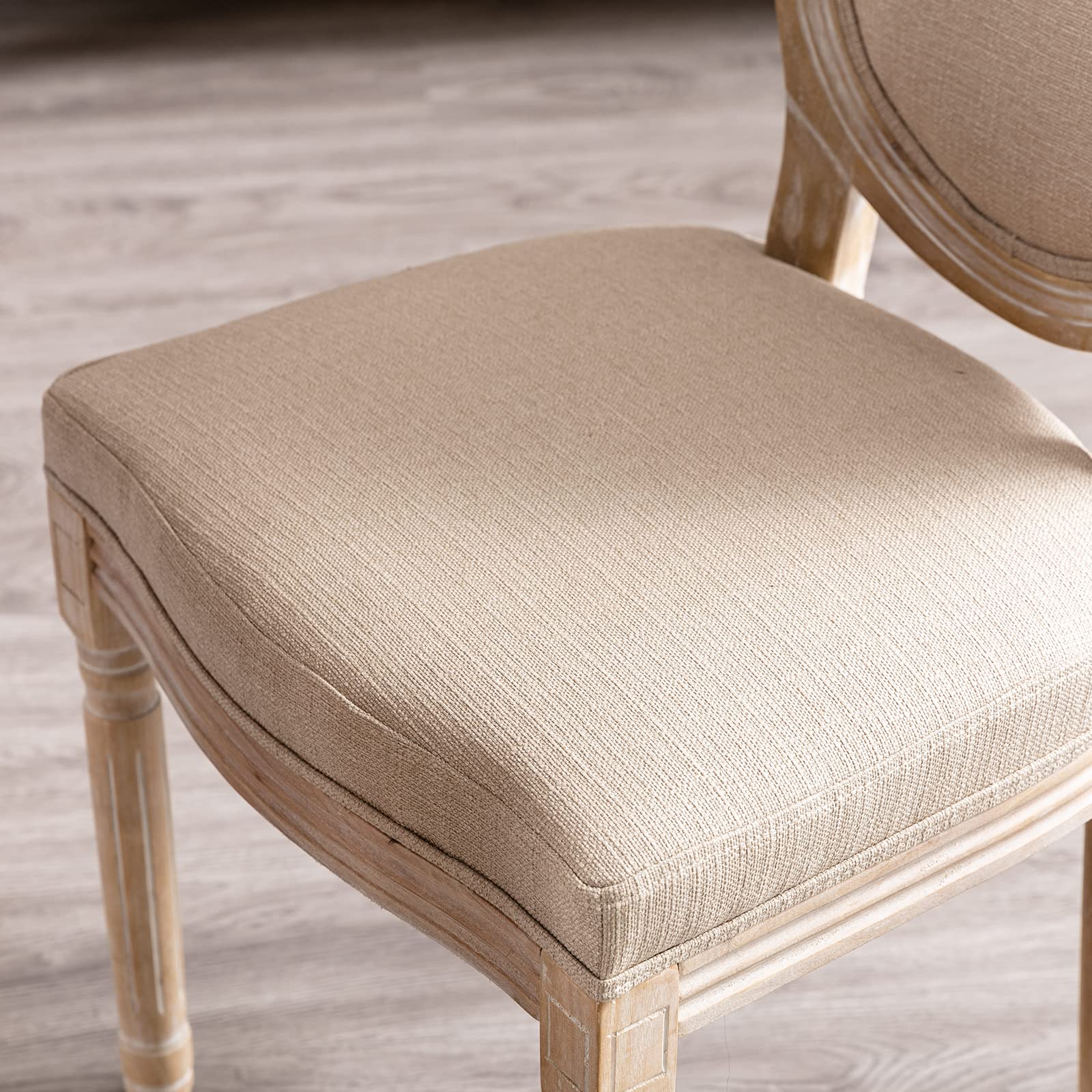 Guyou Upholstered 2-Piece Dining Chair Set in Distressed Driftwood - French Country Vintage Accent Chairs with Round Fabric Back - Perfect for Kitchen, Dining Room & Living Room (Beige)