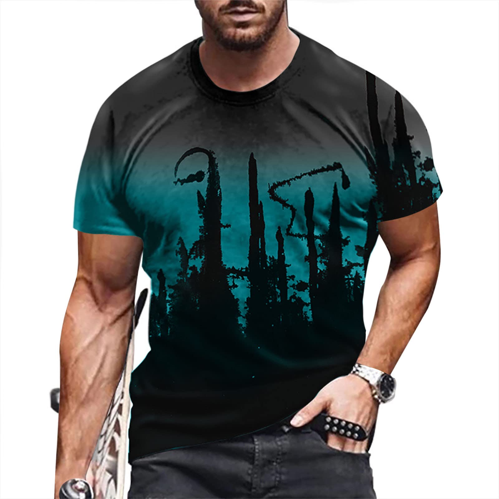 Pinbao Men's 3D Gradient Graphic T-Shirt - Summer Casual Crew Neck for Outdoor & Daily Wear