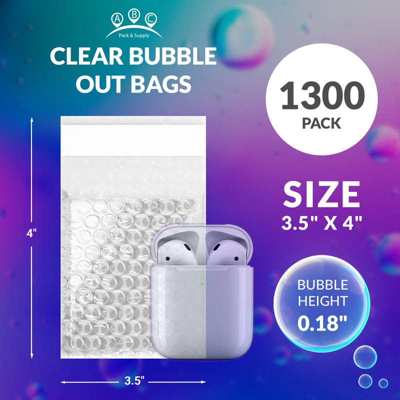 ABC Clear Bubble Out Bags, 3.5 x 4 Inches - 1300 Pack Polyethylene Self-Seal Bubble Pouches for Shipping & Packaging | Protective Cushioning Bubble Mailers | Ideal for Ecommerce, Jewelry, Small Parts & Fragile Items