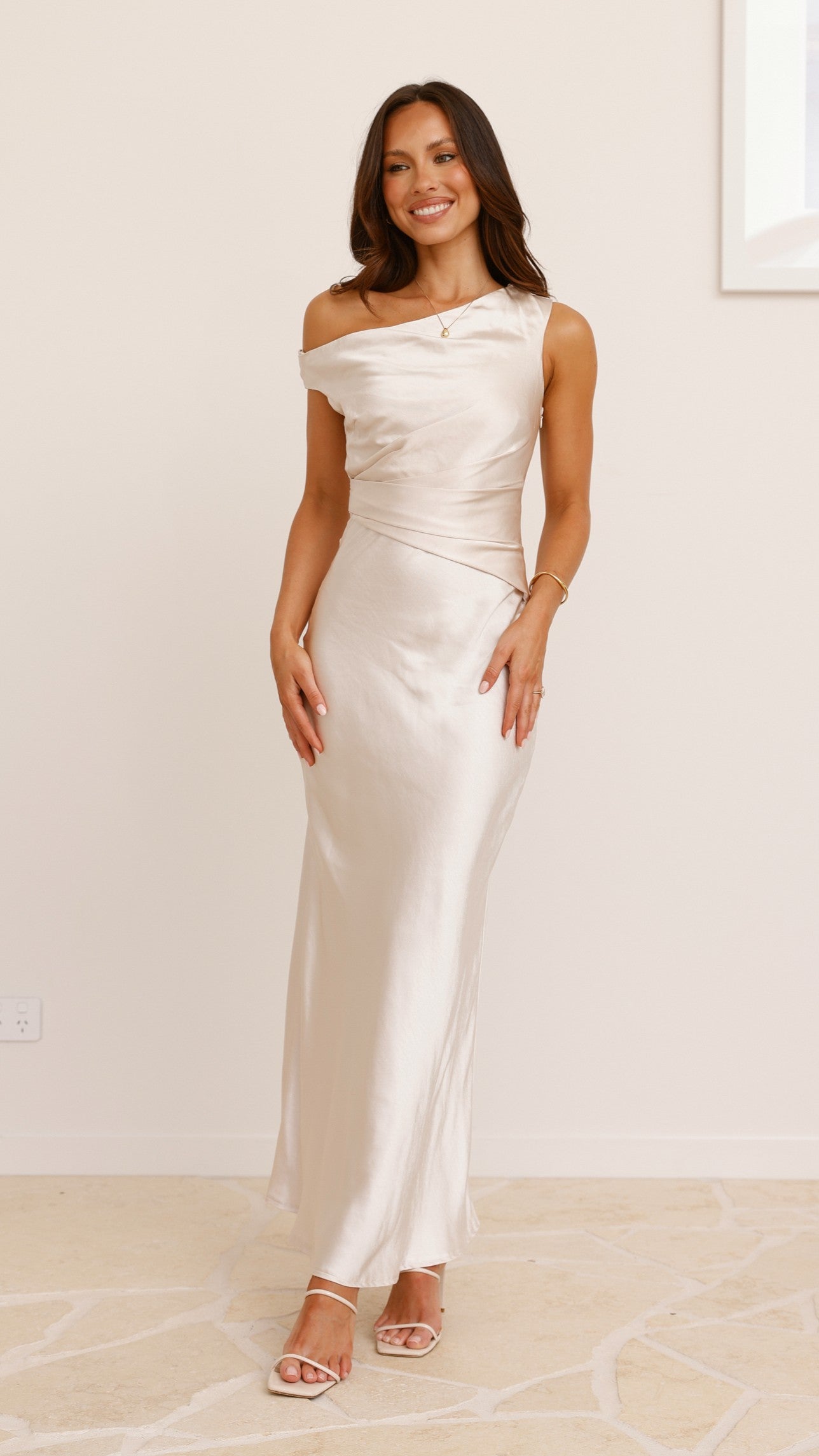 Auria Off Shoulder Maxi Dress in Champagne - Elegant Summer Beach Wedding Guest Dress for Women
