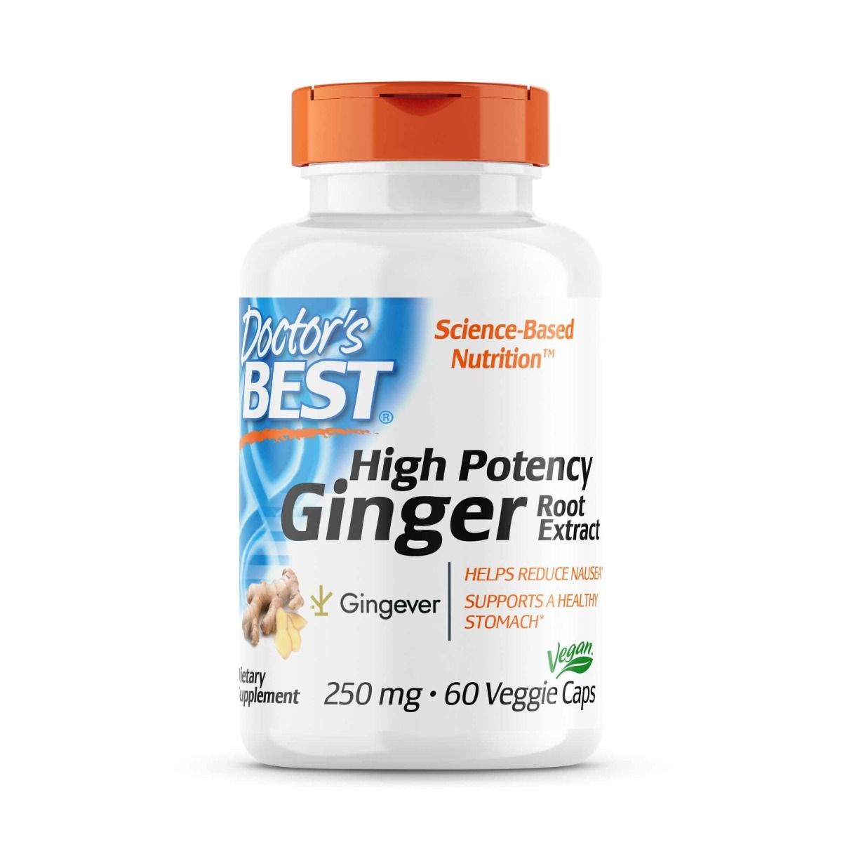 Doctor's Best High Potency Ginger 250mg - 60 Vegan Capsules for Digestive Support & Motion Sickness Relief - Natural Nausea Remedy for Travel & Morning Wellness