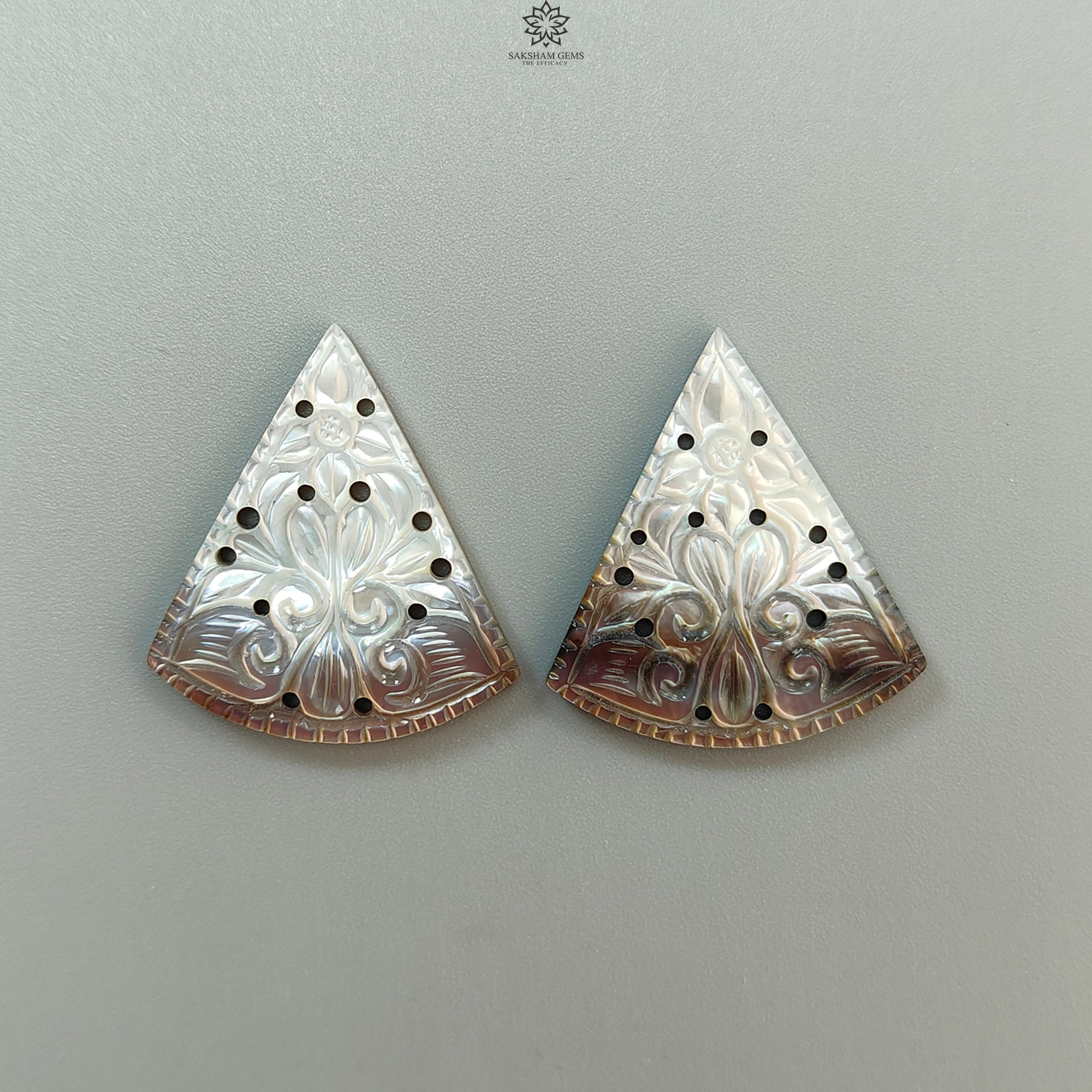 Natural Black & White Mother of Pearl Gemstone Carving - Handcrafted Triangle & Marquise Shape Pair, June Birthstone for Jewelry Making, Necklace Pendants & Gift Giving