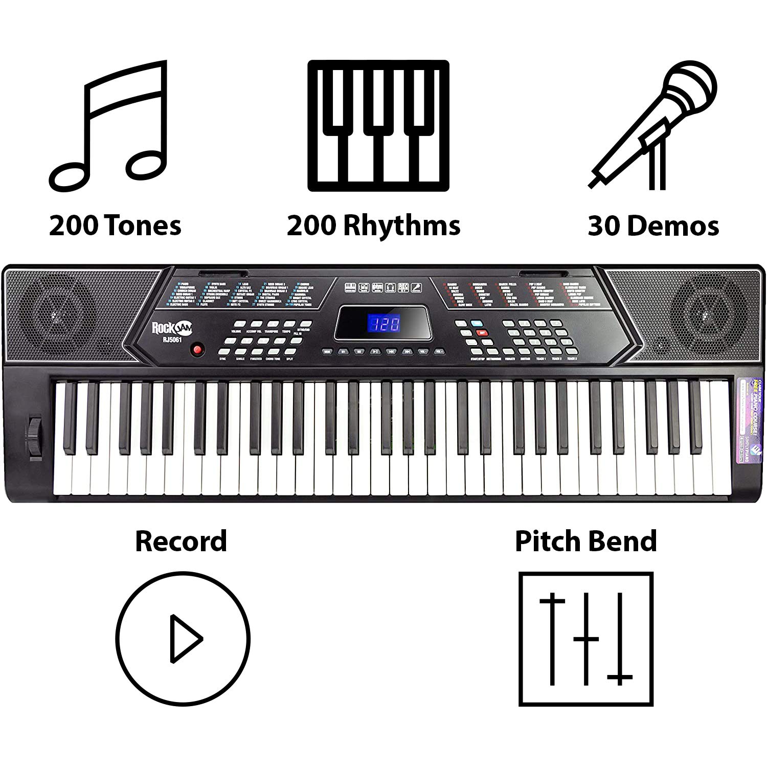 RockJam 61-Key Electronic Keyboard Piano with Stand, Bench, Headphones, Pitch Bend Kit & Simply Piano App - Perfect for Beginners, Home Practice & Music Lessons