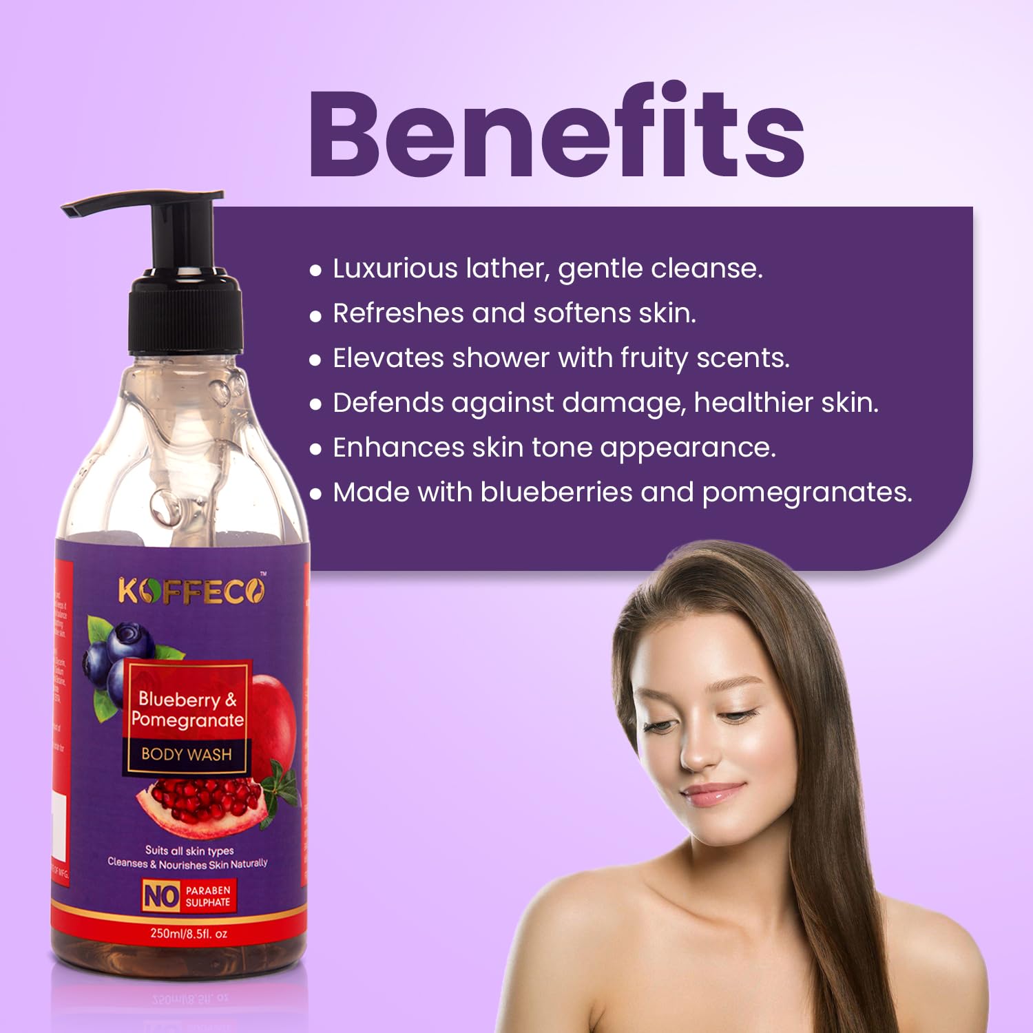Koffeco 250 ML Blueberry Pomegranate Natural Shower Gel & Body Wash - Moisturizing for Soft, Smooth Skin - All Skin Types - Men & Women - Perfect for Daily Shower & Relaxing Bath Time